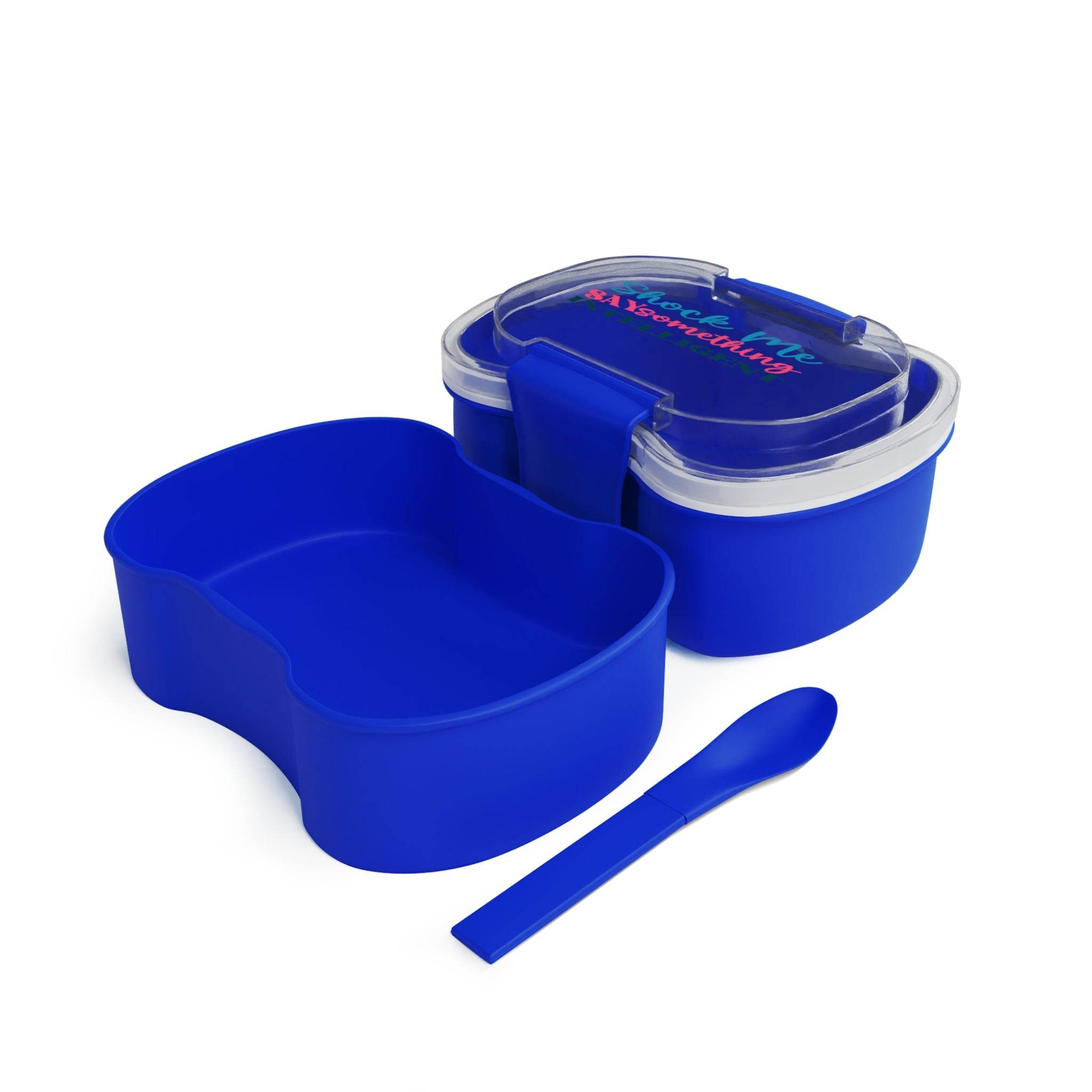 Printify blue reusable lunch container with two compartments and a matching spoon for easy meal storage