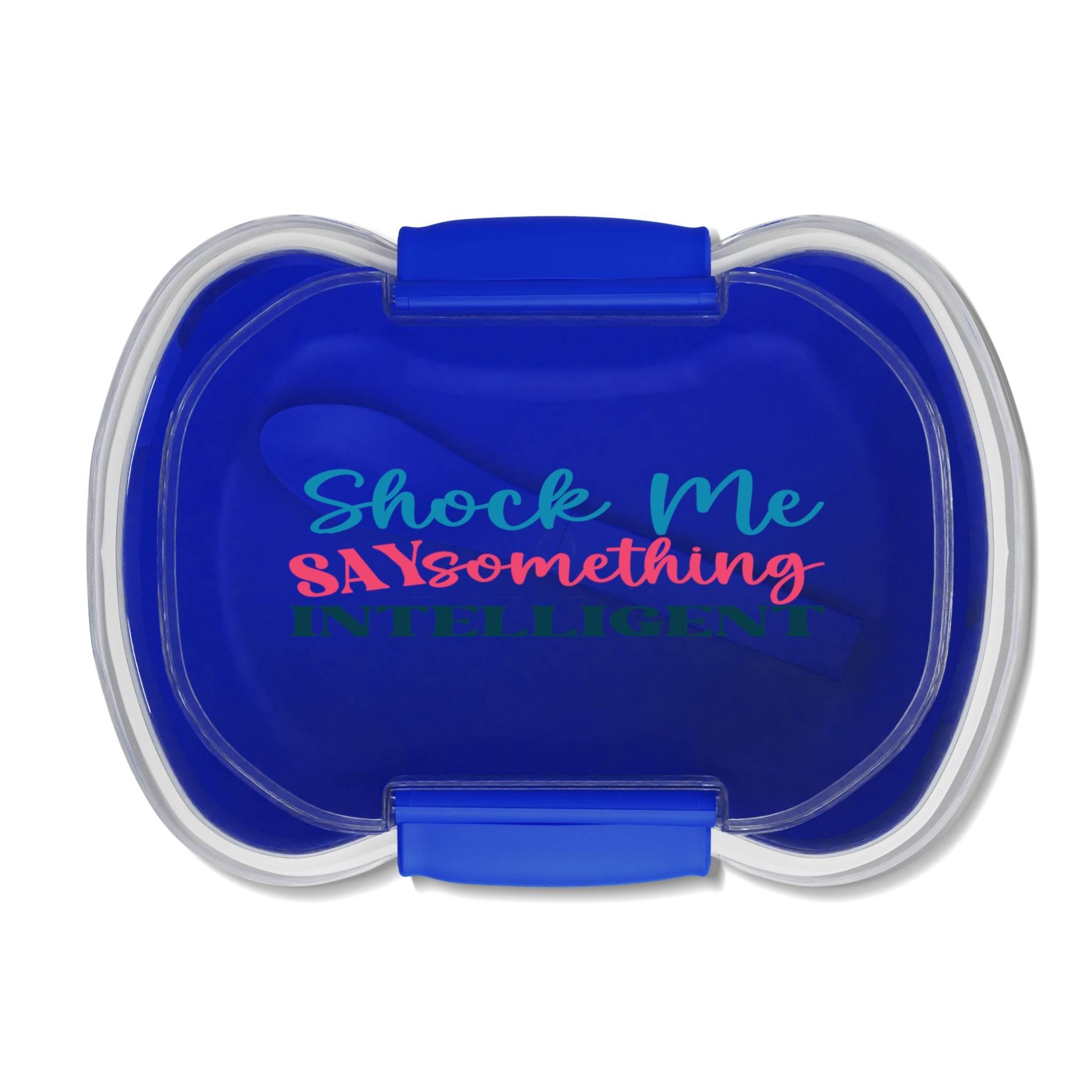 Blue reusable lunch container with clear lid and shock me say something intelligent design