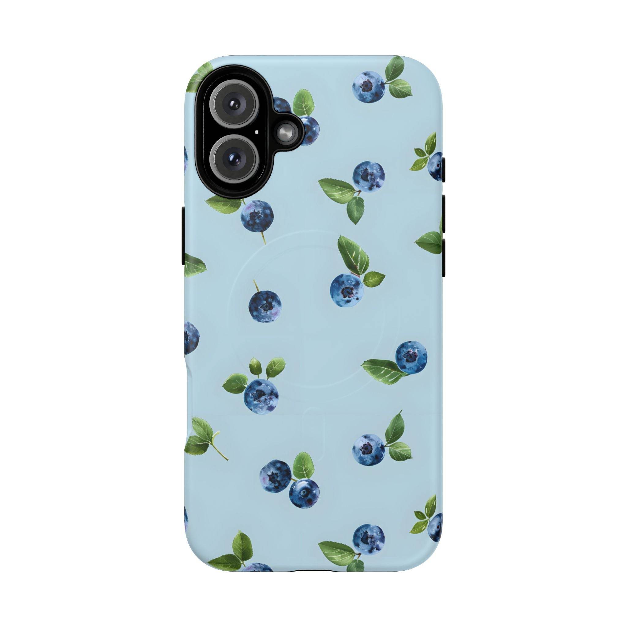 Printify sustainable magnetic phone case with blueberry pattern on light blue background