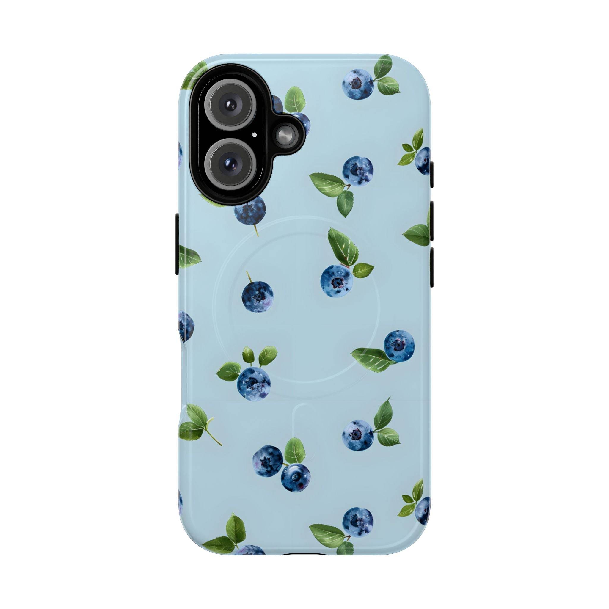 Printify sustainable magnetic phone case with a light blue background and scattered blueberry design
