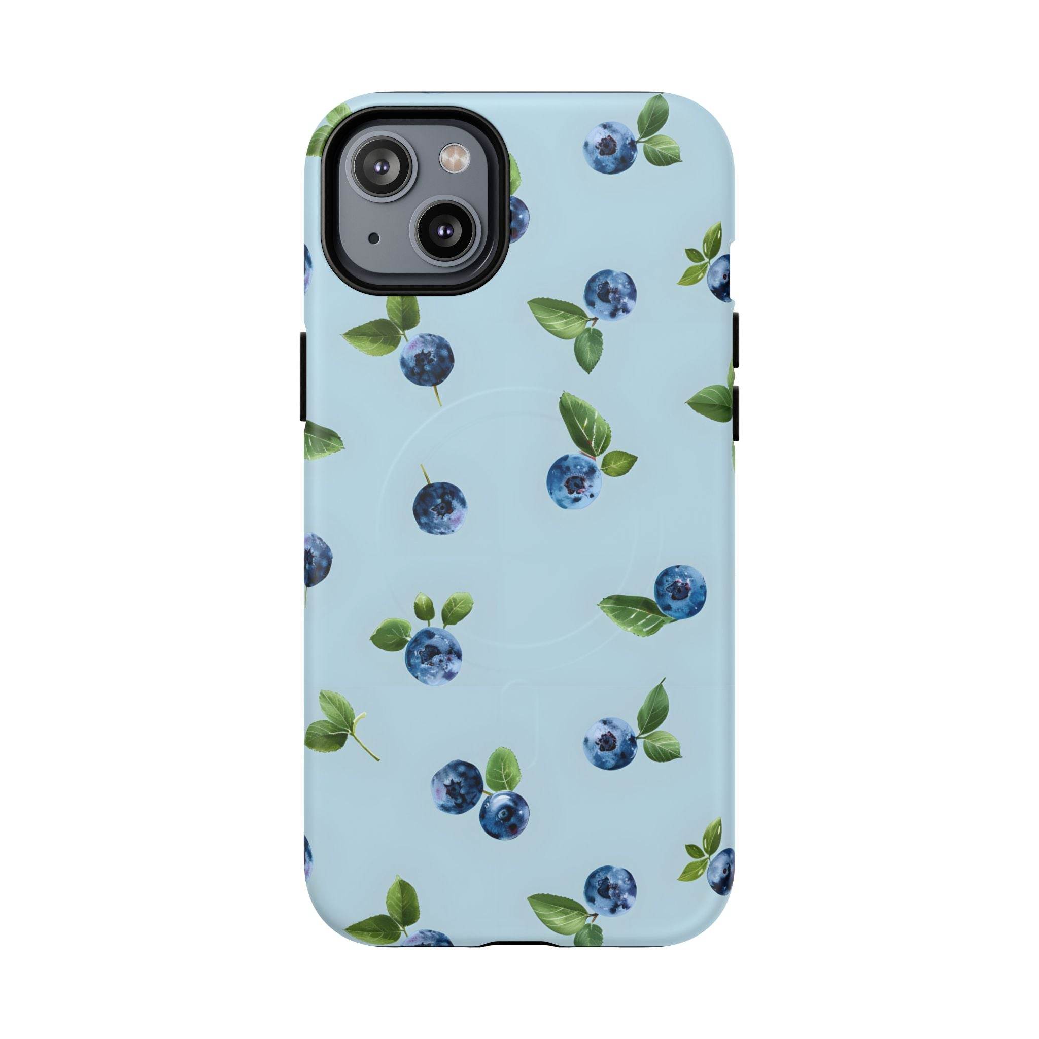 Printify sustainable magnetic phone case with blue blueberries and green leaves pattern on light blue background