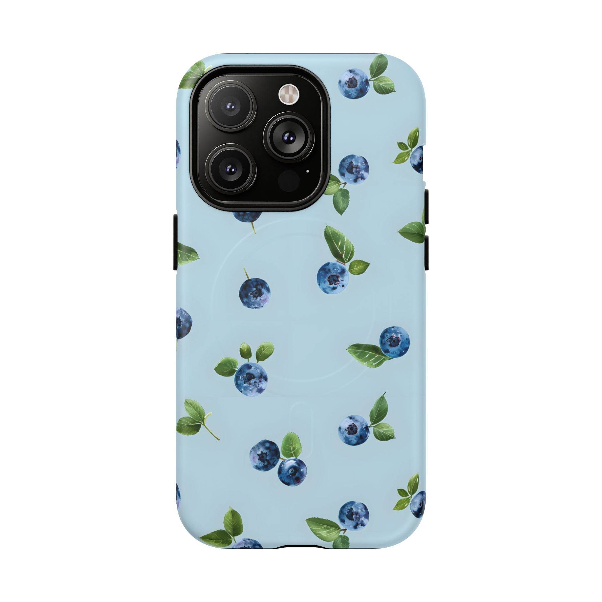 Printify sustainable magnetic phone case with blue blueberry breeze pattern on light blue background