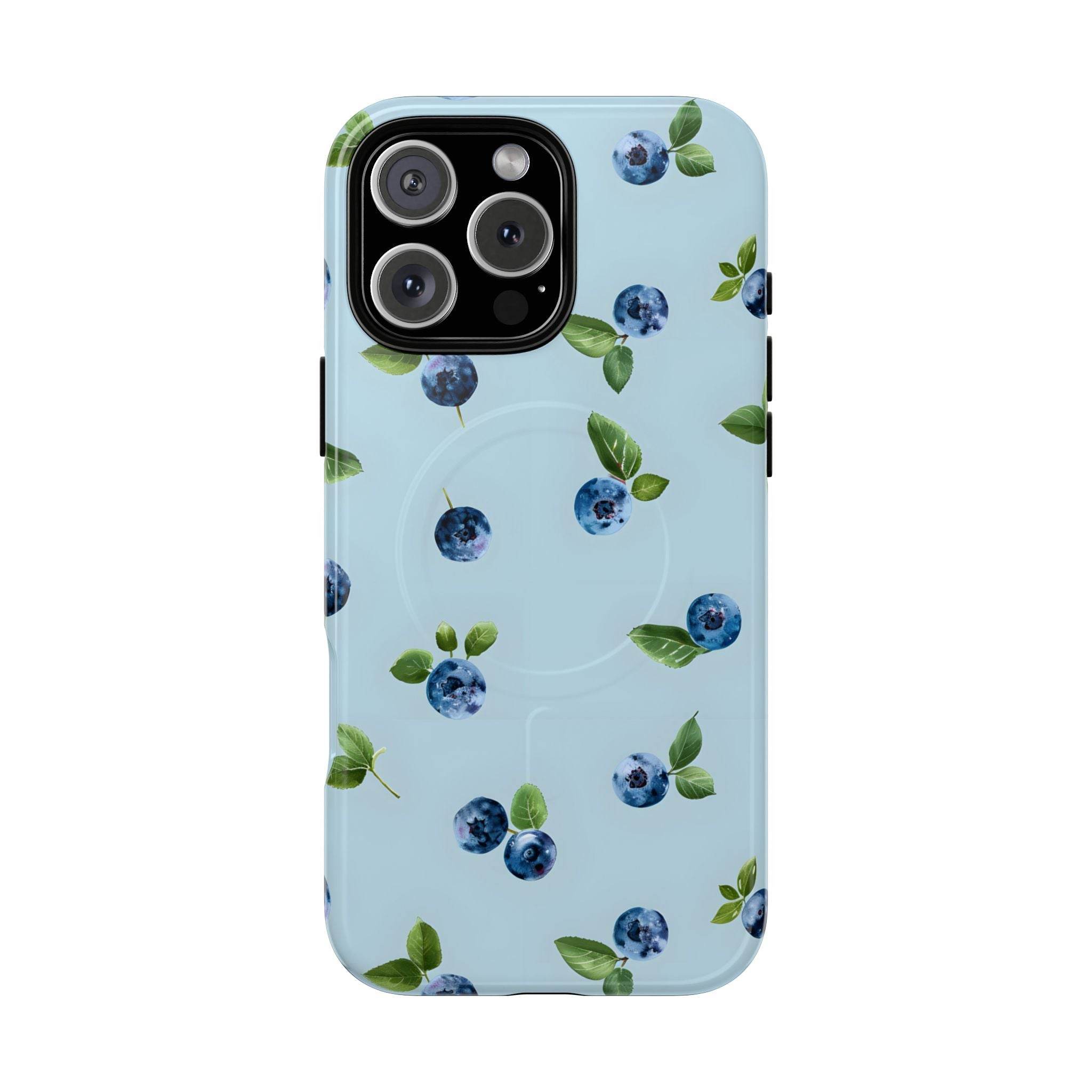 Printify sustainable magnetic phone case with blue blueberry pattern and green leaves on light blue background