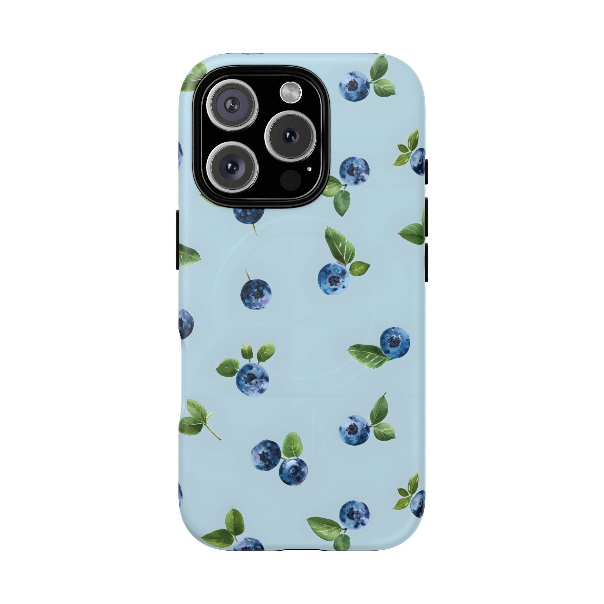 Printify sustainable magnetic phone case with blue blueberry pattern on light blue background