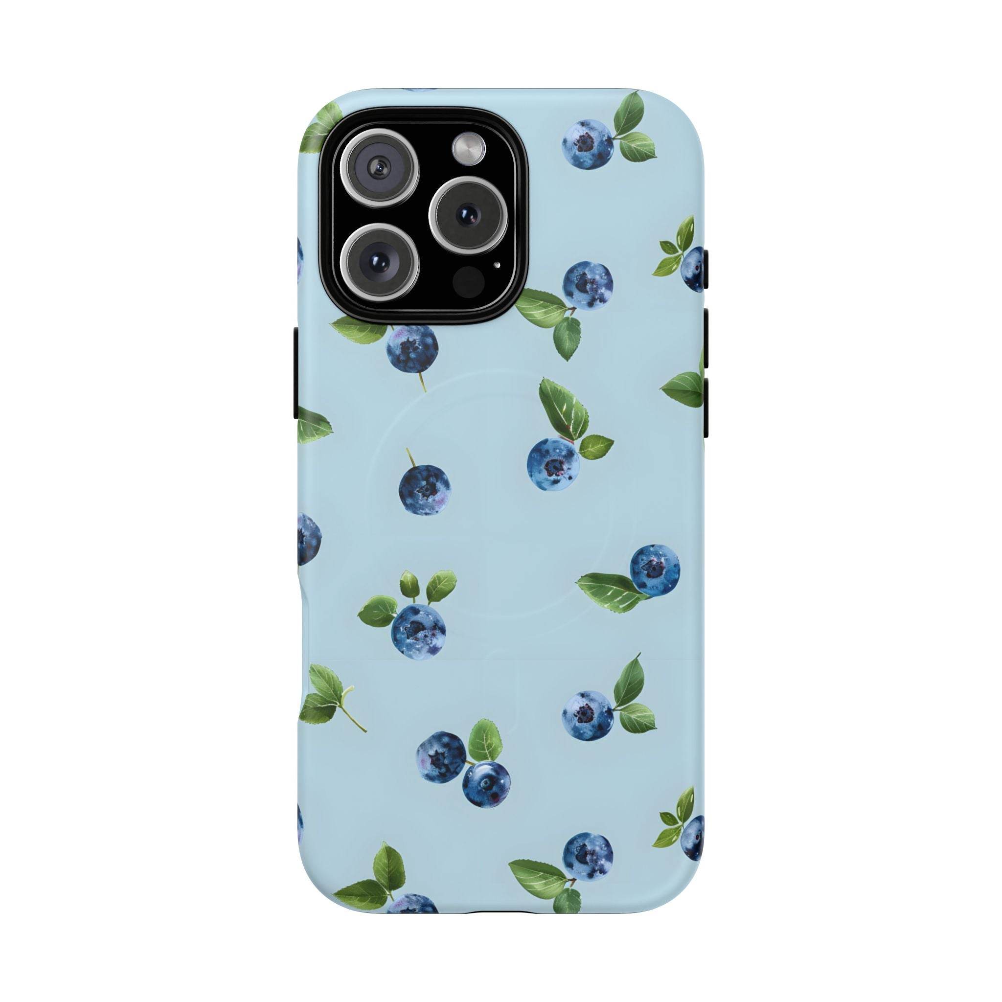 Printify sustainable magnetic phone case tough with blueberry pattern on light blue background