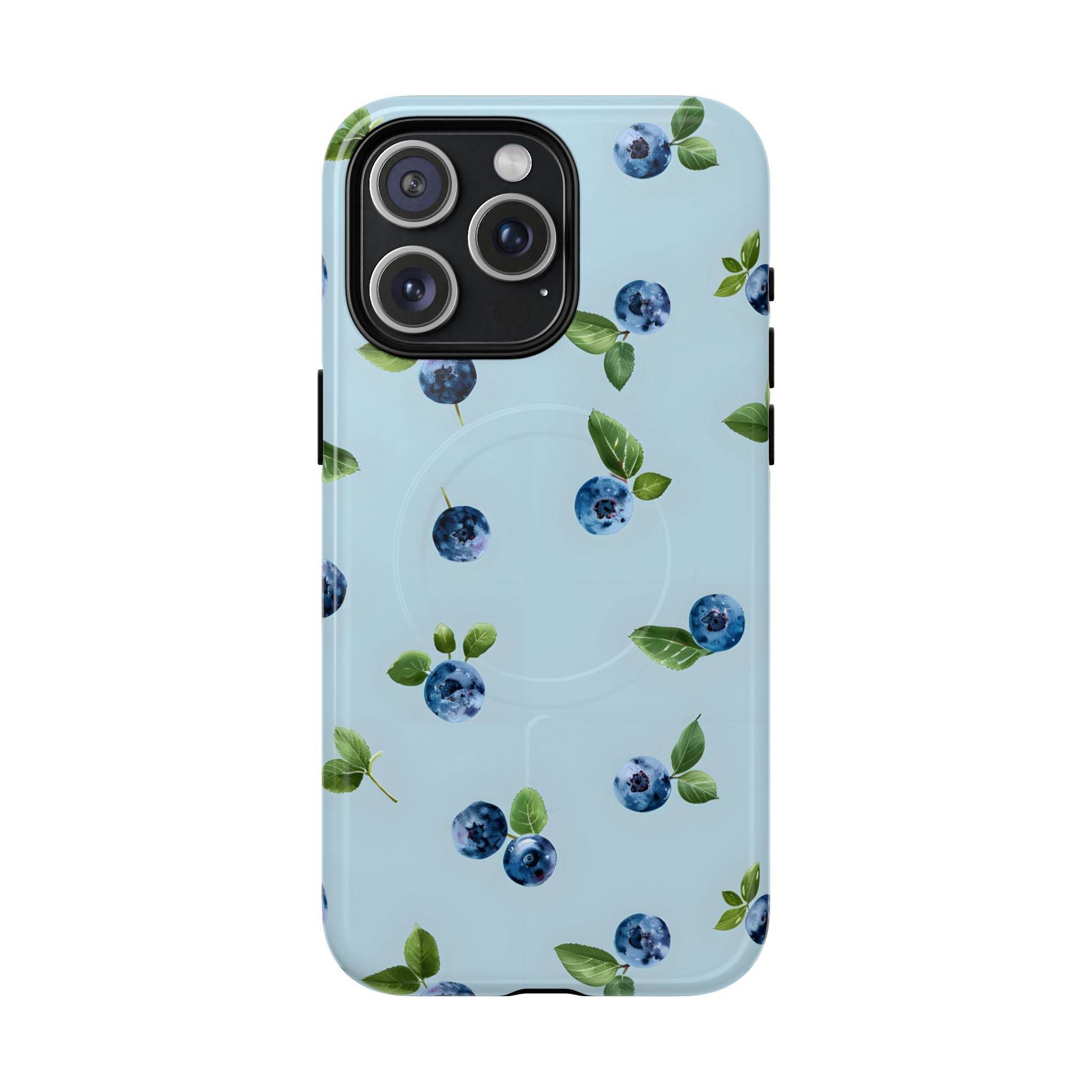 Printify sustainable magnetic phone case with blueberry pattern on light blue background for eco-friendly protection