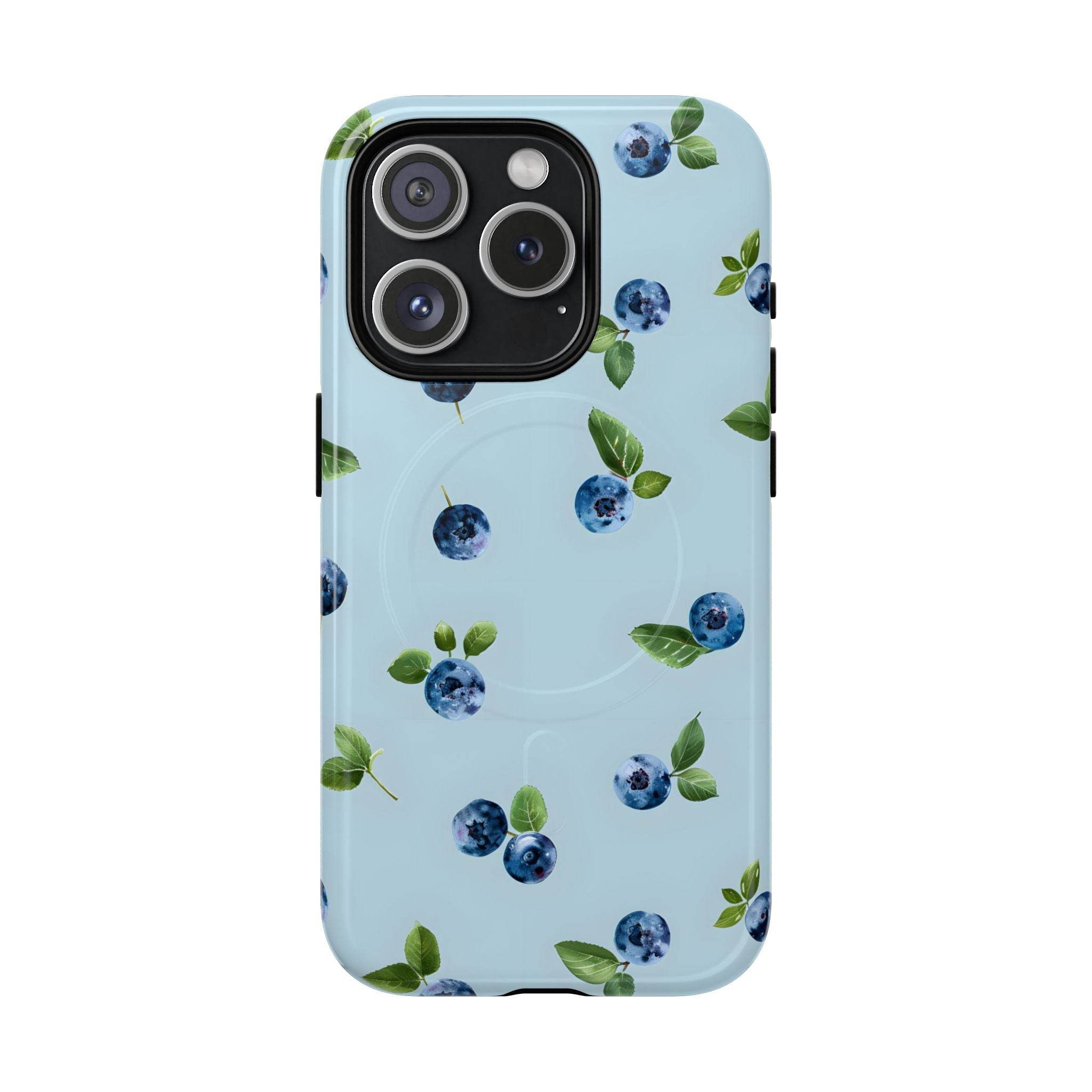 Sustainable magnetic phone case by Printify with blue blueberry pattern on light blue background