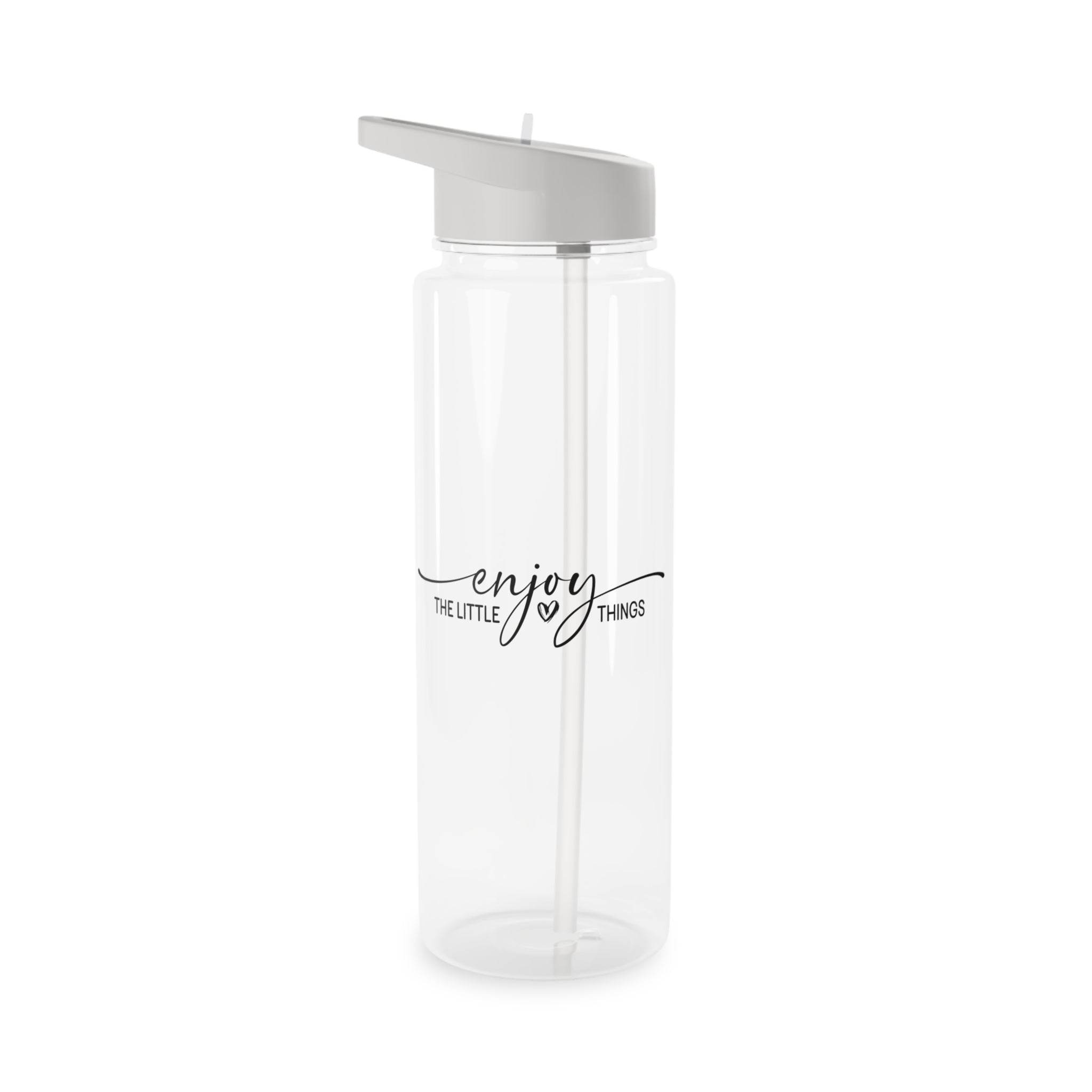 Clear BPA-free Tritan bottle by Printify with gray lid and enjoy the little things text design