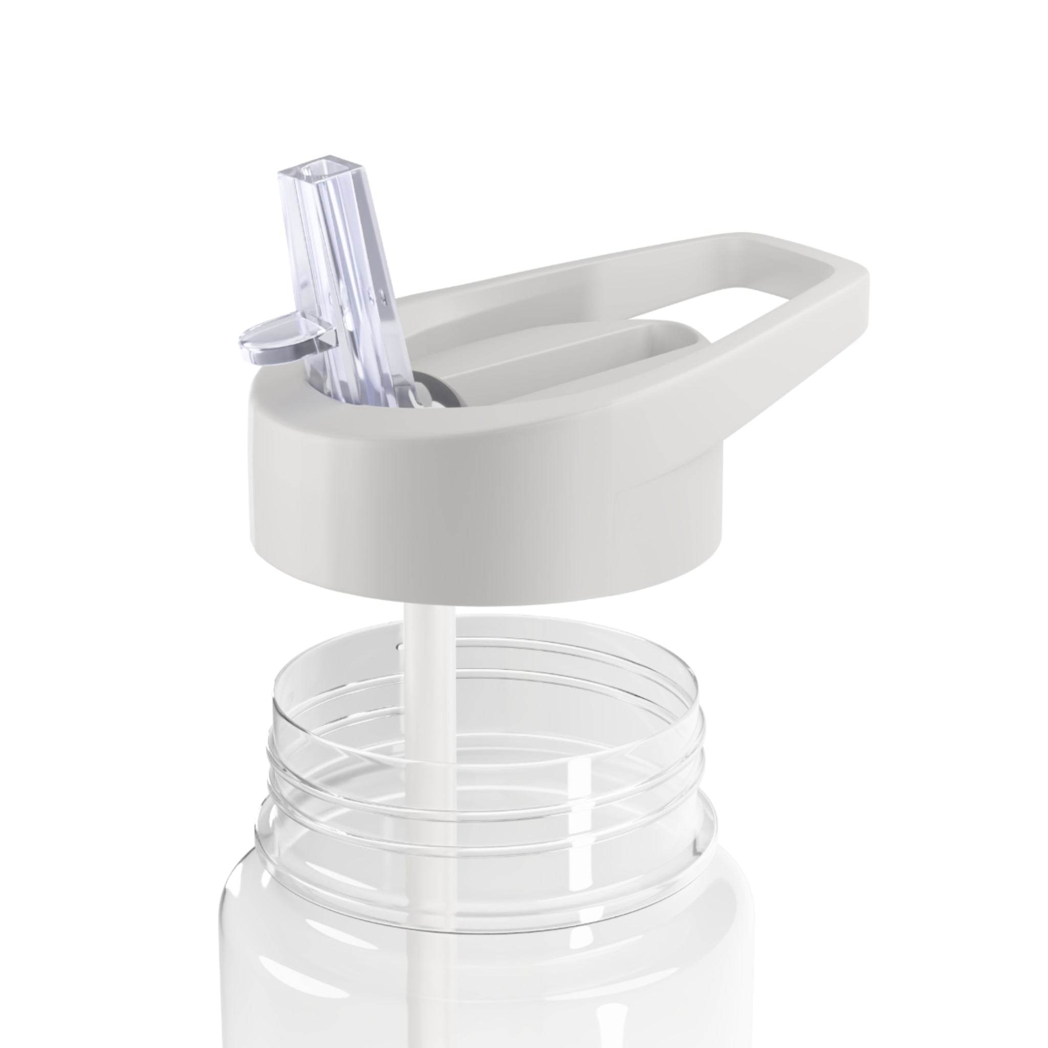 Close-up of clear BPA-free Tritan bottle with white lid and built-in straw by Printify