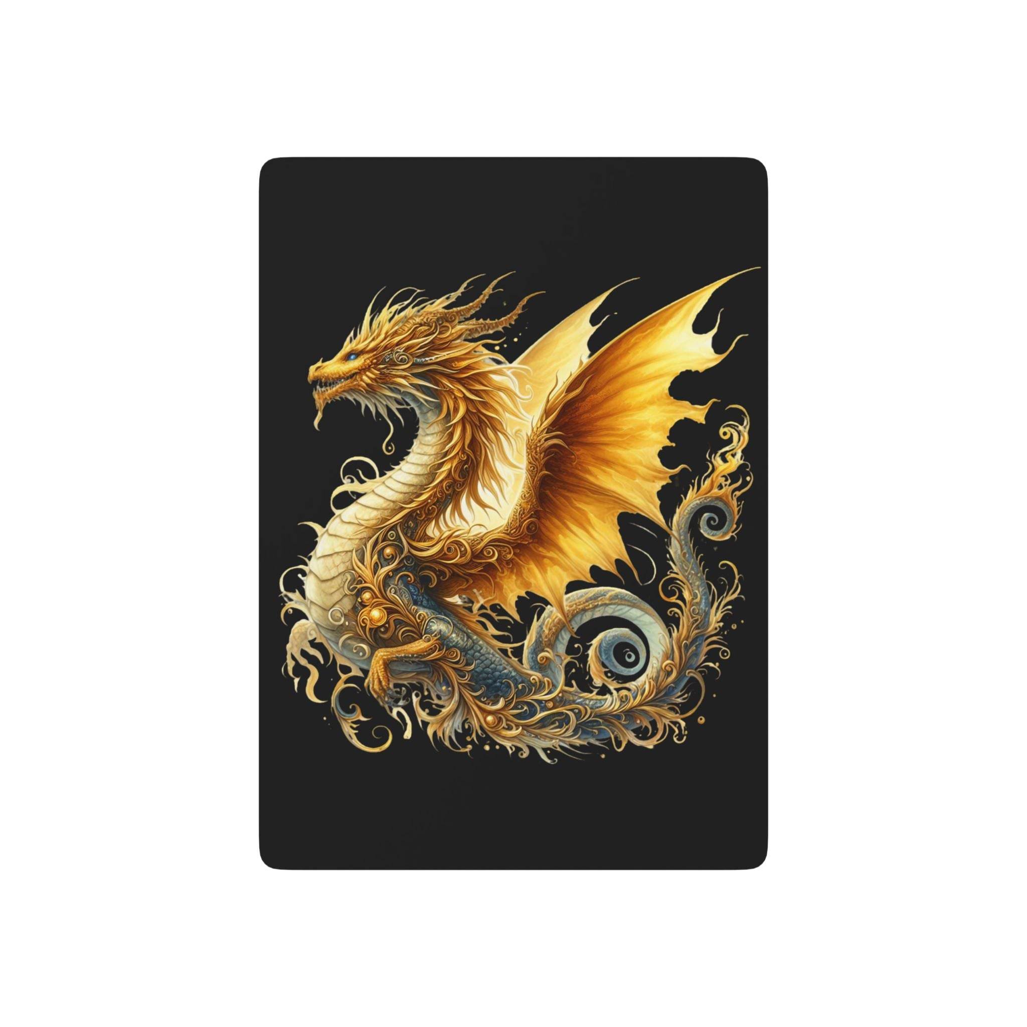 Dragon design playing cards featuring an intricate golden dragon artwork on black background