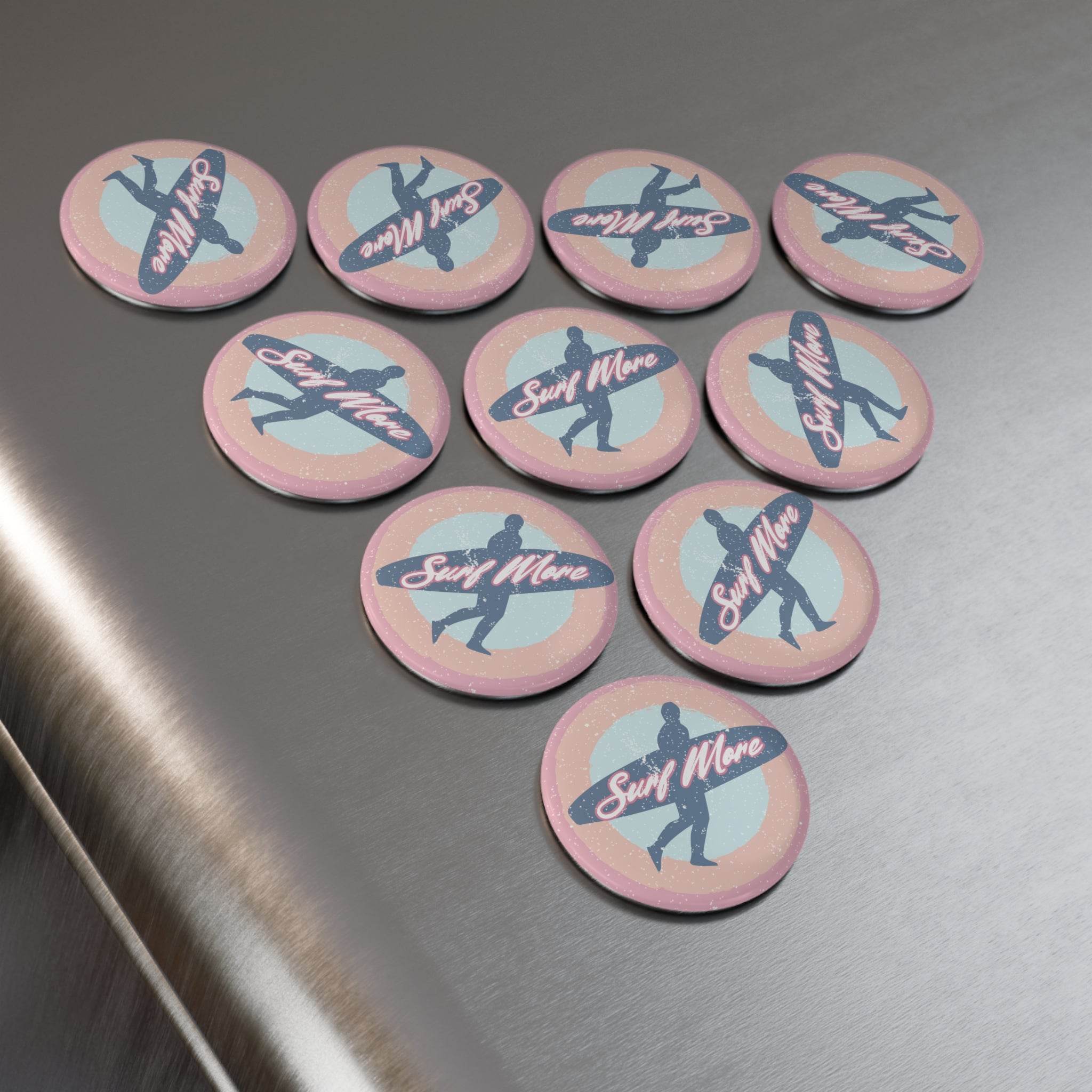 Printify eco-friendly button magnets with surf more design on stainless steel surface