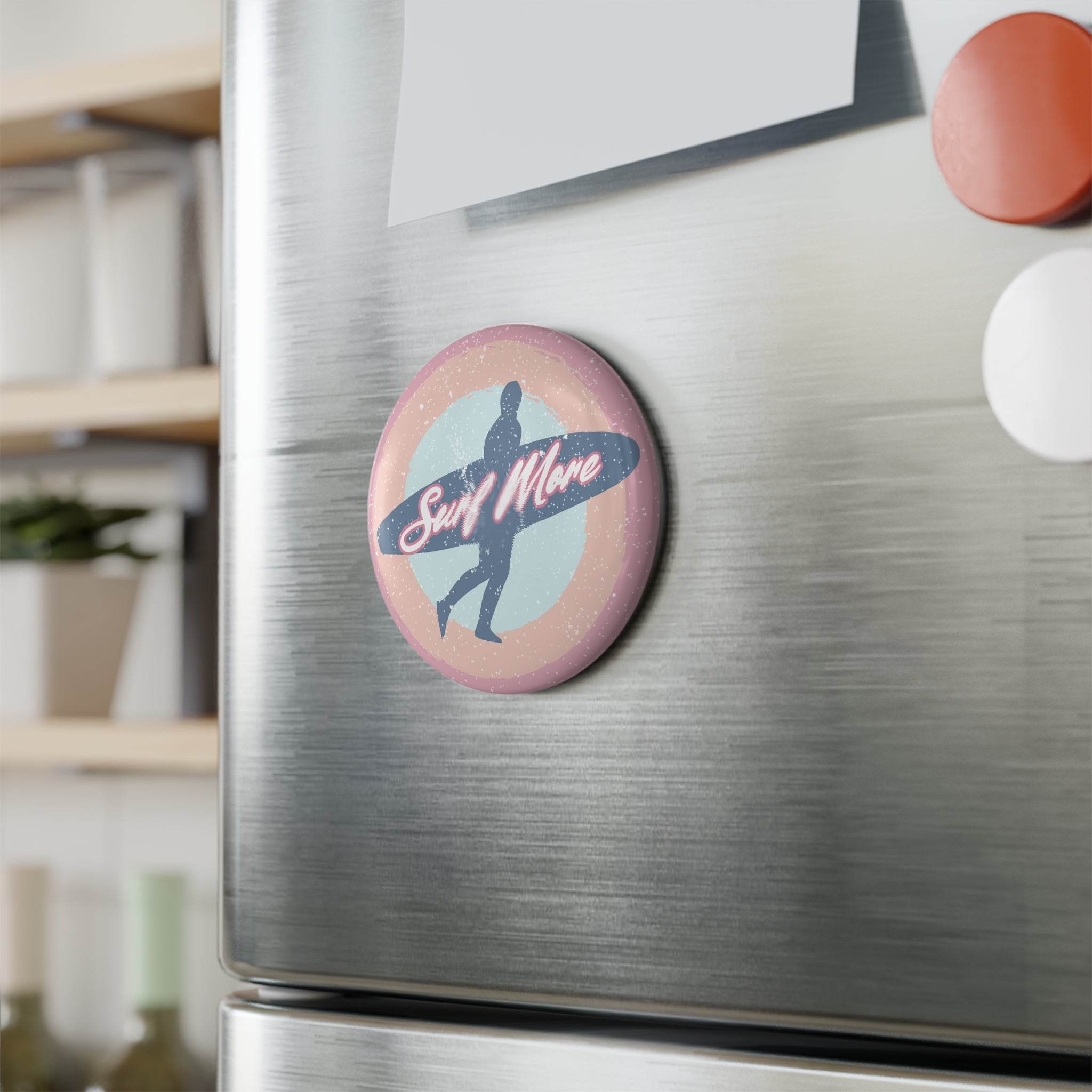 Printify eco-friendly button magnet with surf wave design on a stainless steel refrigerator