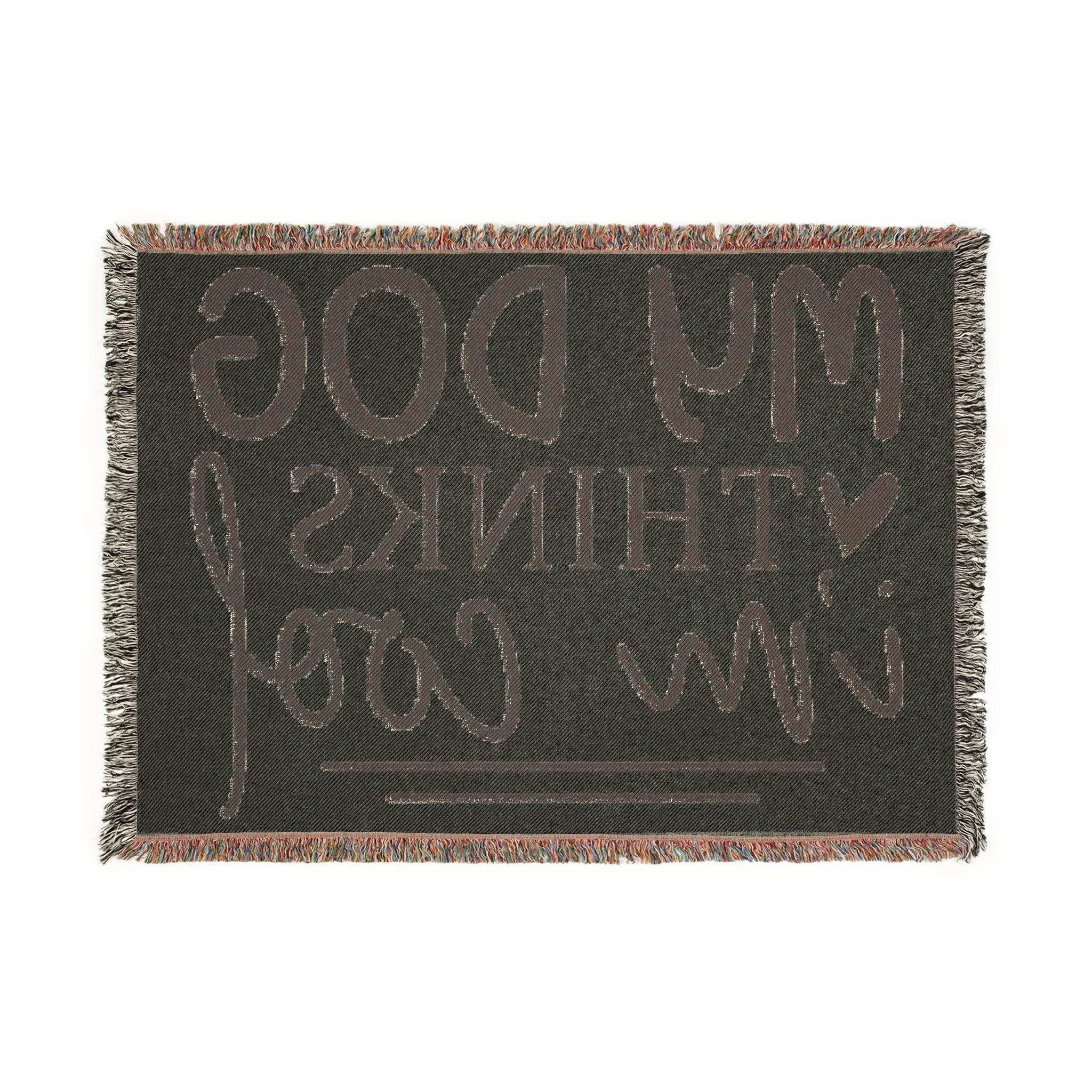 Printify eco-friendly dog blanket with woven text design and fringed edges in dark color