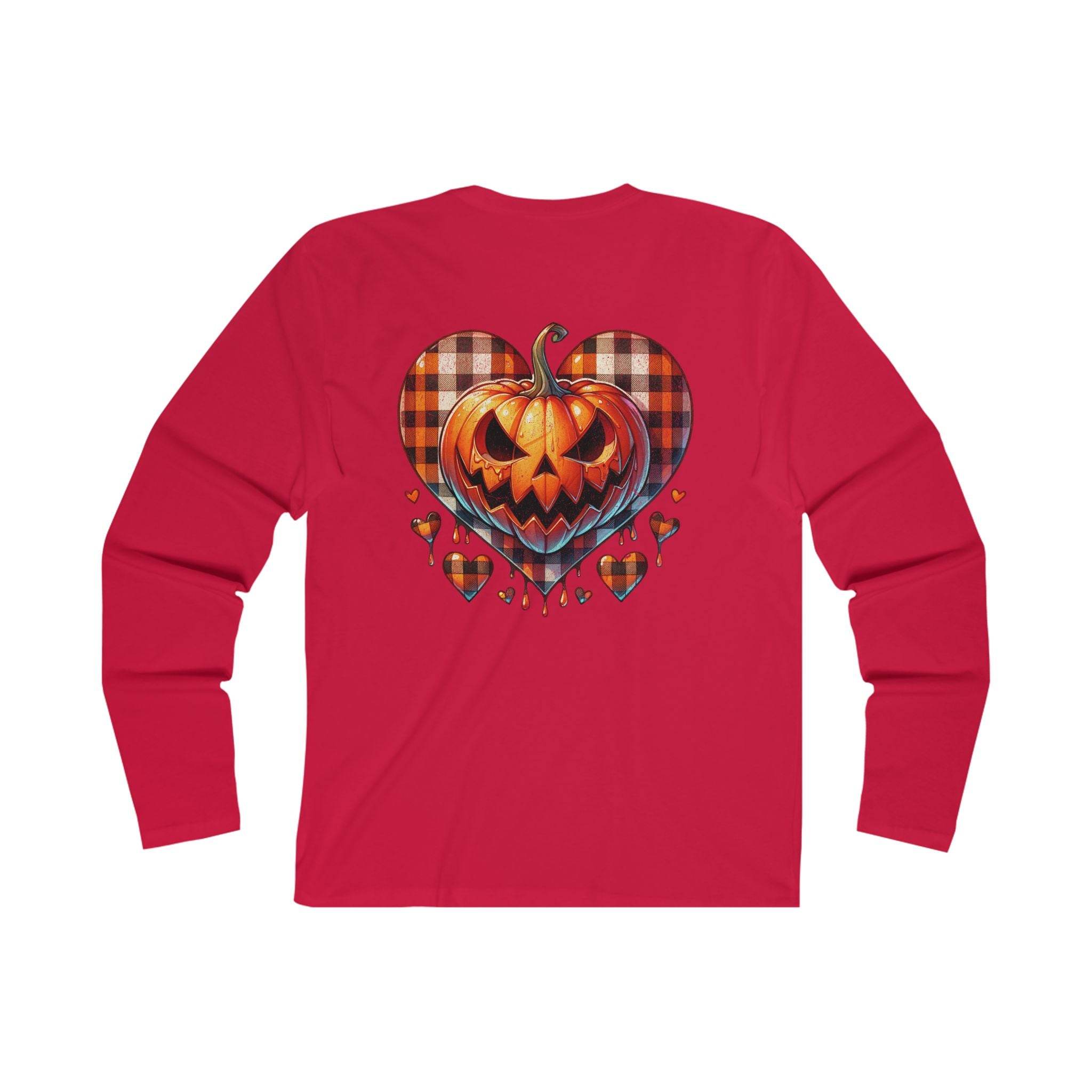 Printify red eco-friendly men long sleeve shirt with Halloween pumpkin and plaid heart design