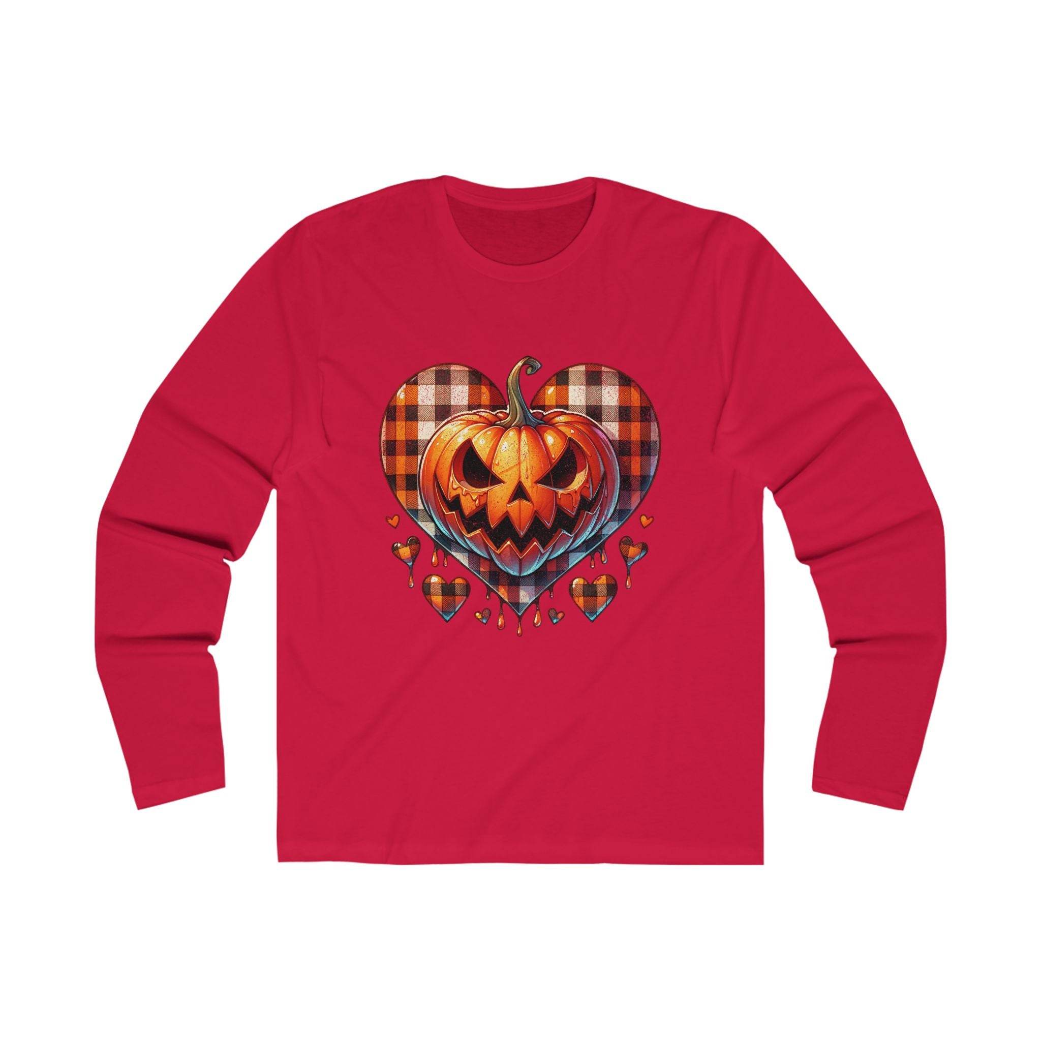Printify red eco-friendly men long sleeve shirt with Halloween pumpkin heart graphic