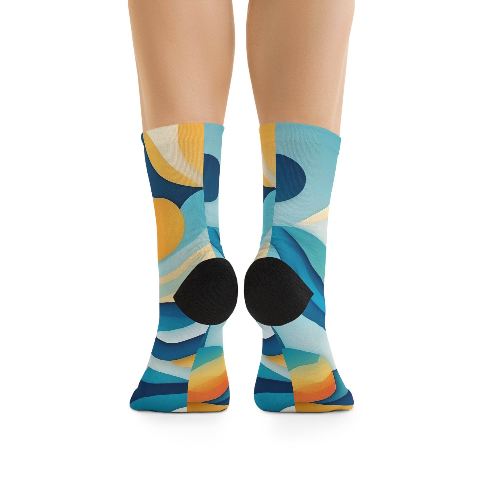 Printify colorful abstract pattern eco-friendly recycled socks shown from the back on feet