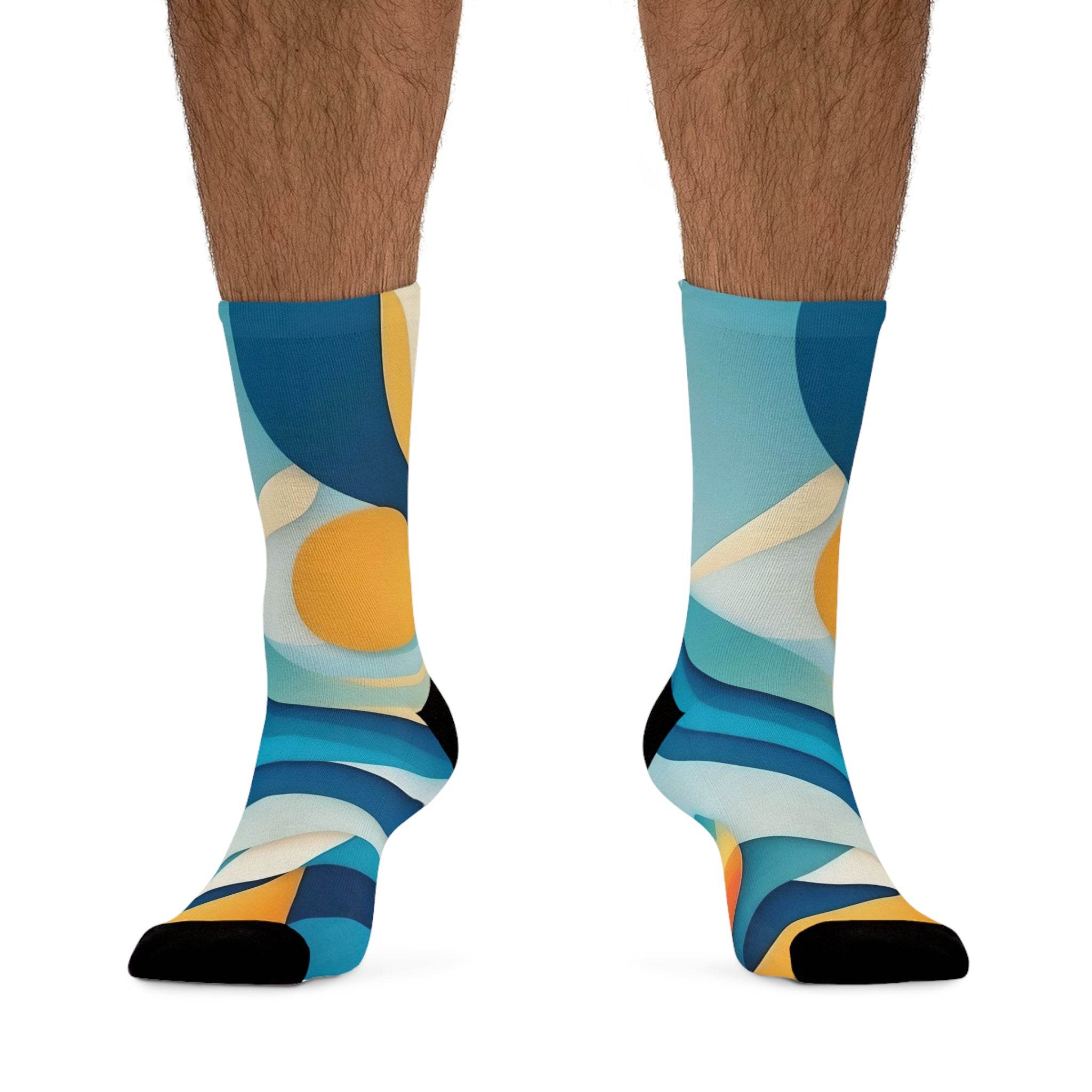 Printify eco-friendly recycled socks with blue and yellow abstract geometric pattern