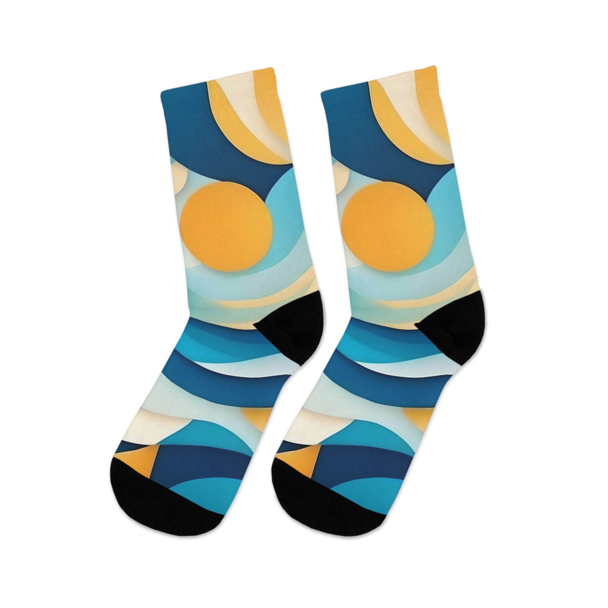 Printify eco-friendly recycled socks with abstract blue and yellow circular pattern and black toes
