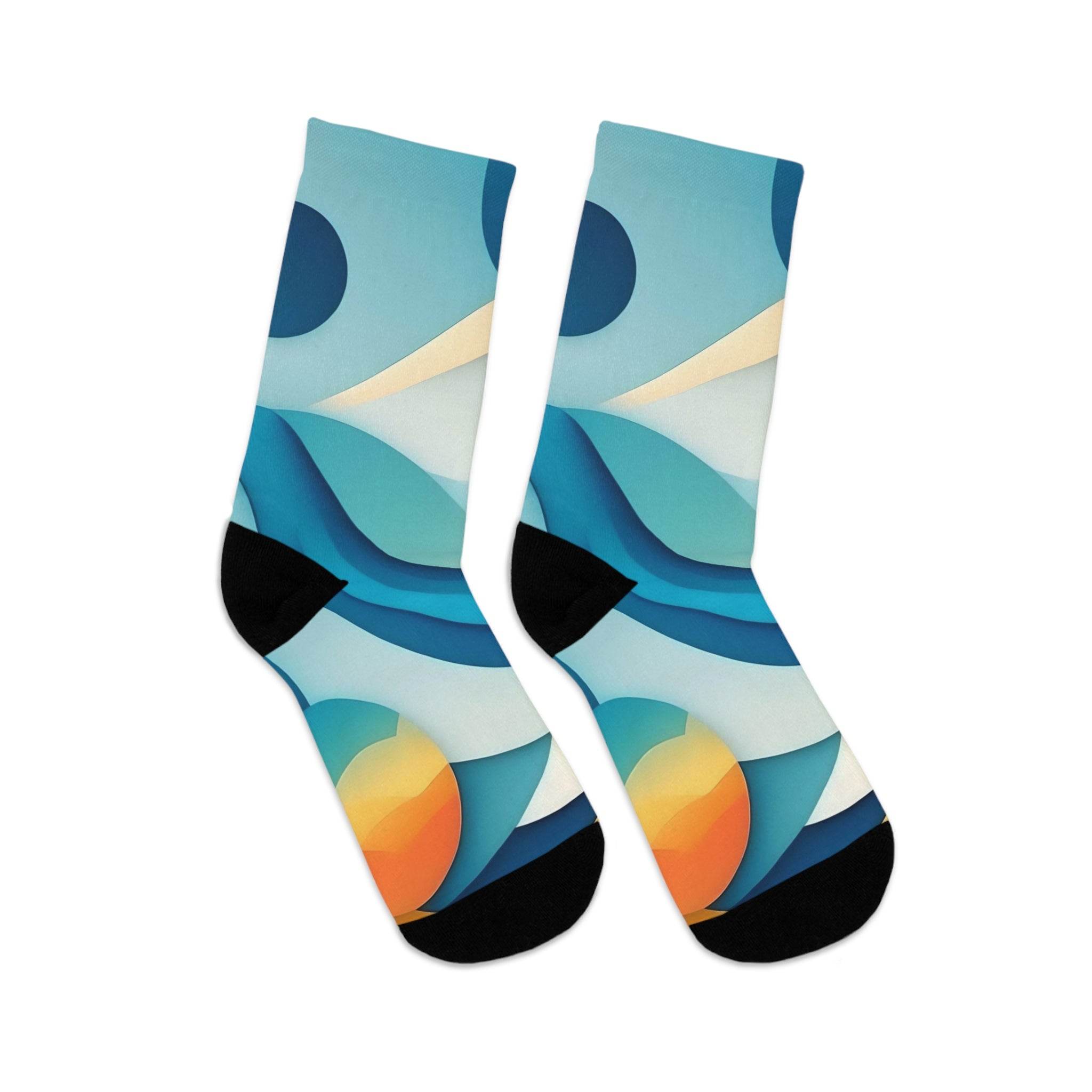 Printify eco-friendly recycled socks with abstract blue and orange geometric design