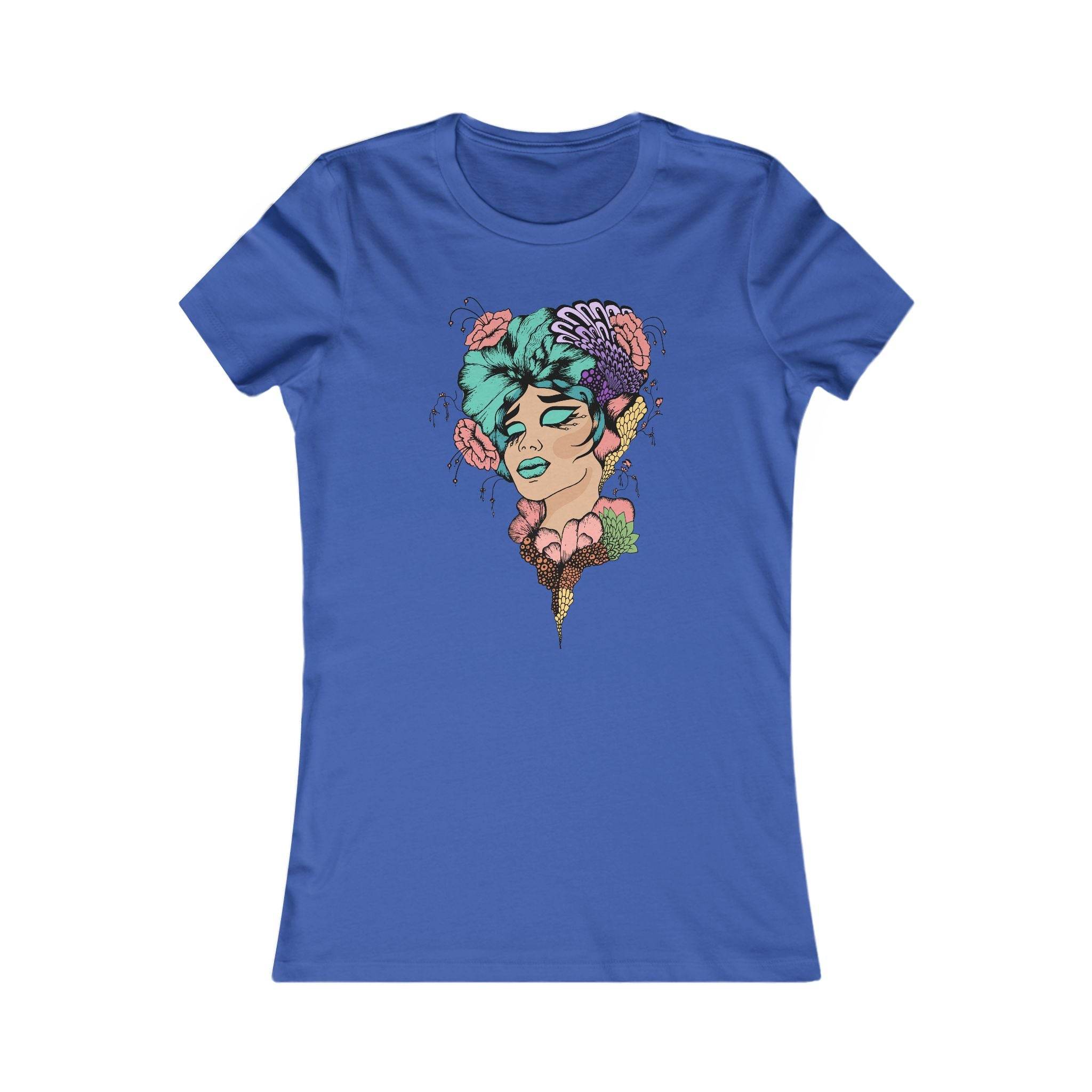 Printify eco-friendly women's t-shirt in blue with colorful artistic face design on front