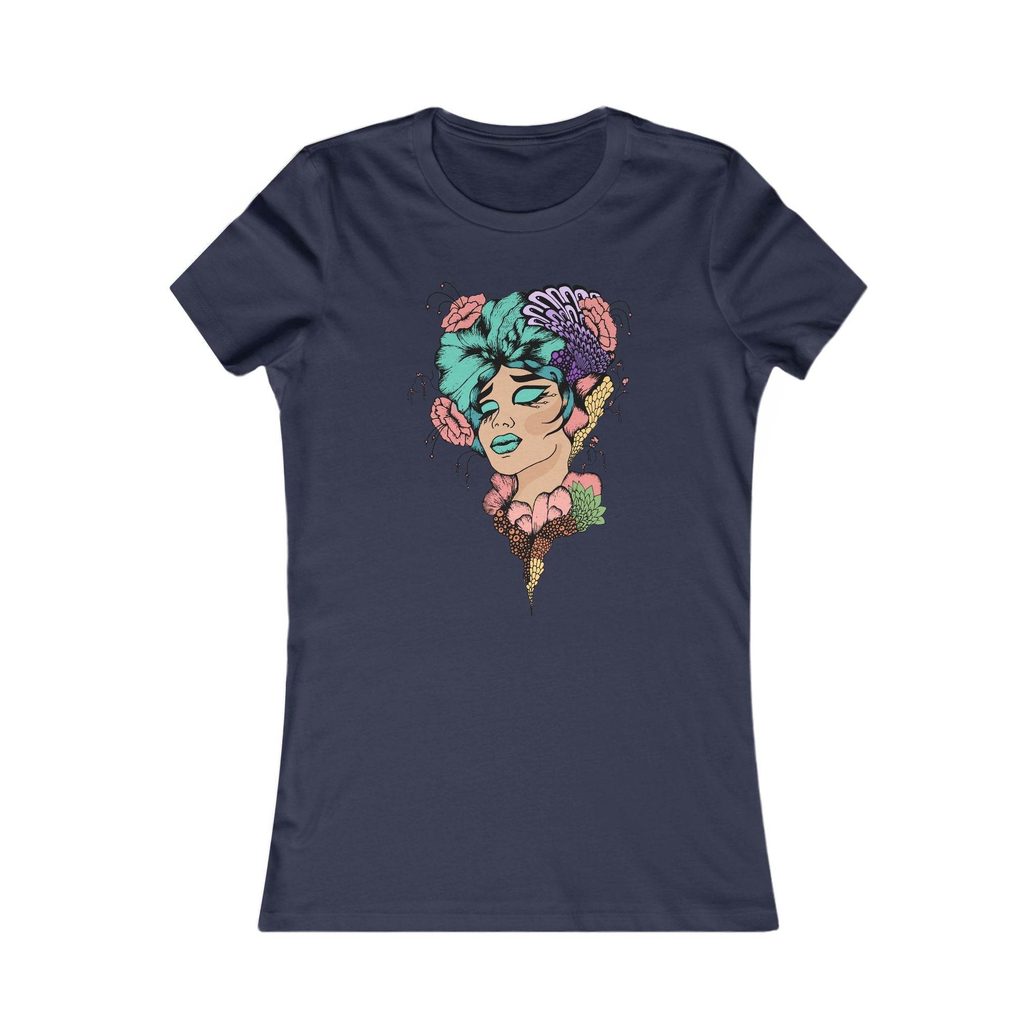 Printify eco-friendly women's t-shirt in navy with colorful floral woman face graphic design