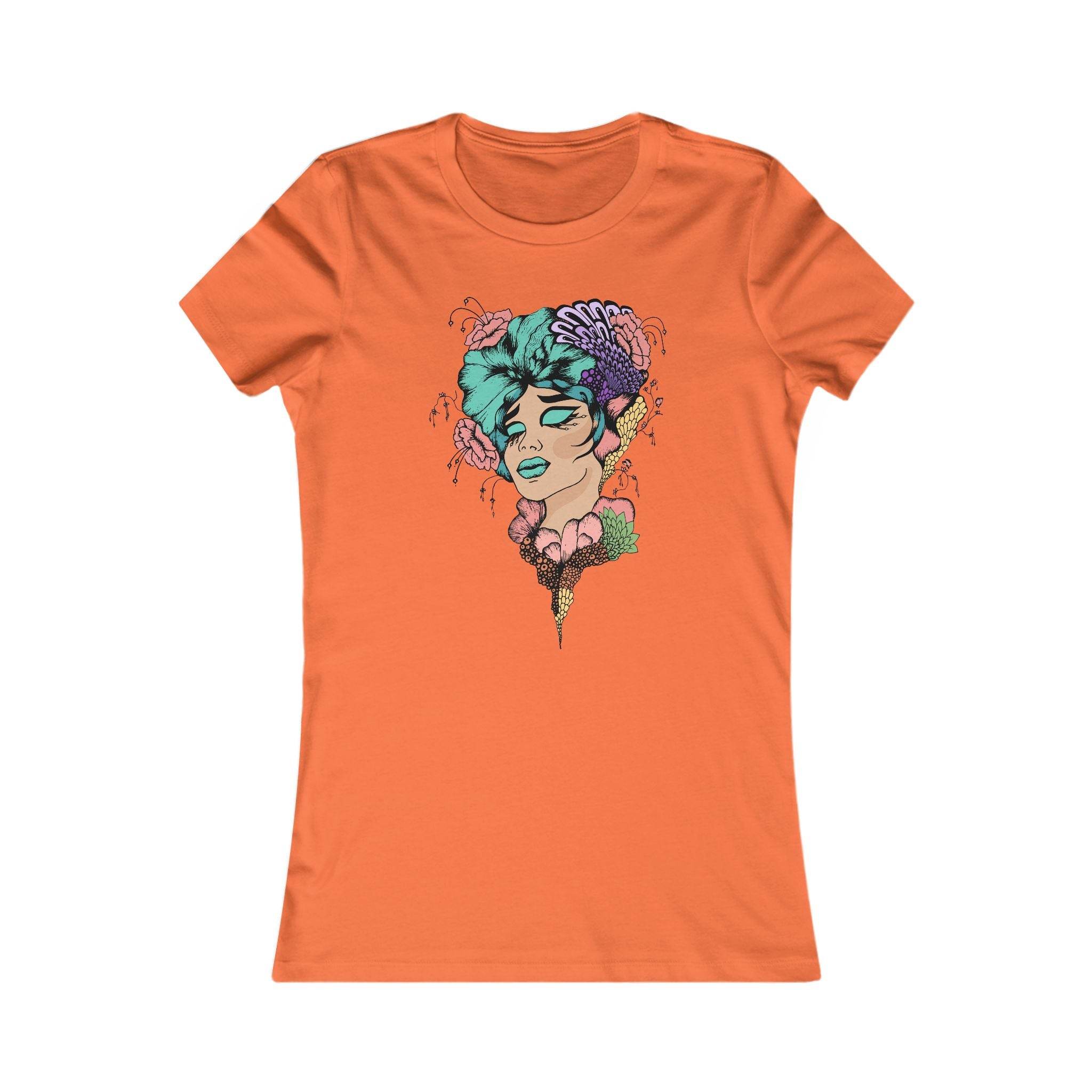 Printify eco-friendly women's t-shirt in orange with colorful artistic face and floral design