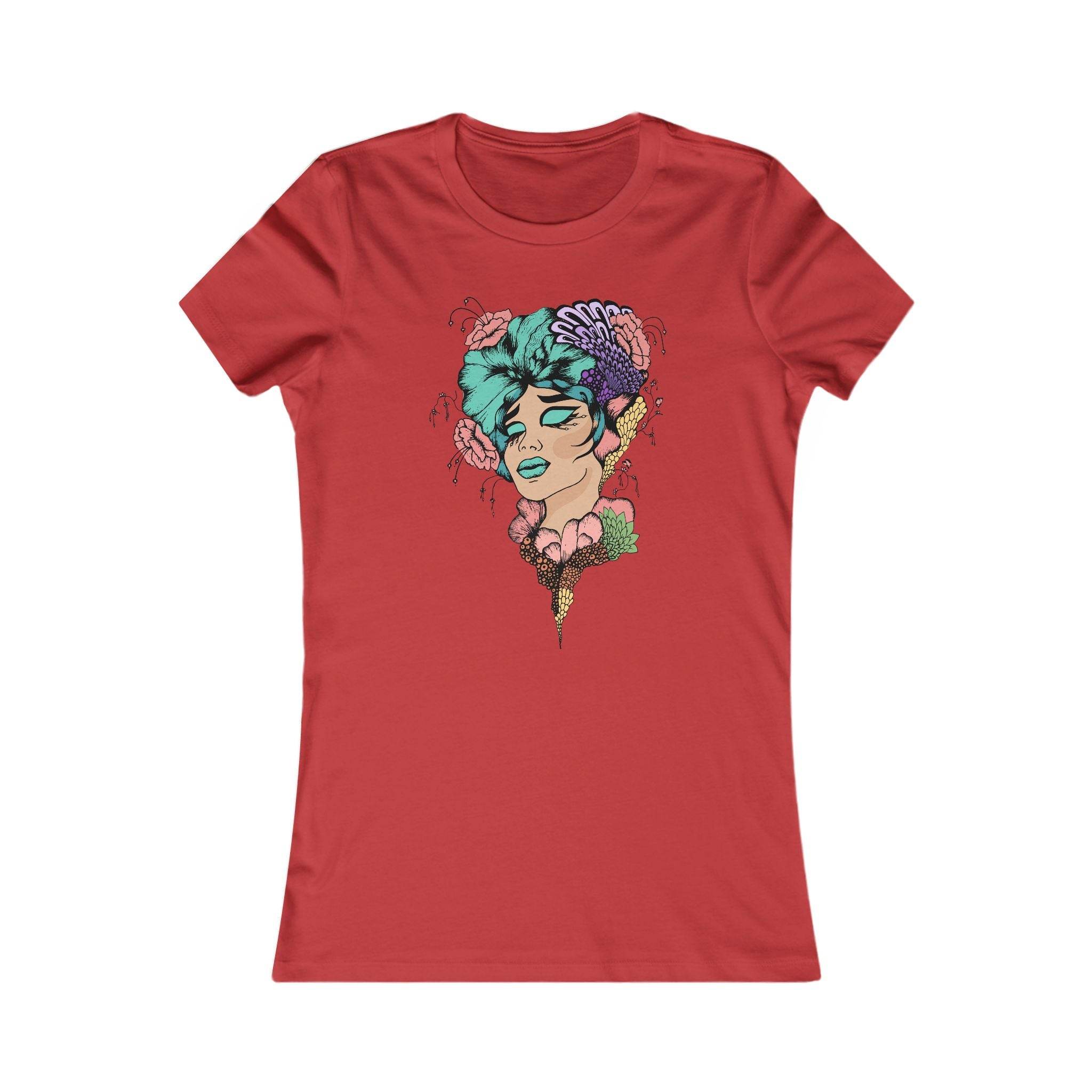 Printify eco-friendly women's t-shirt in red with artistic floral and female face design