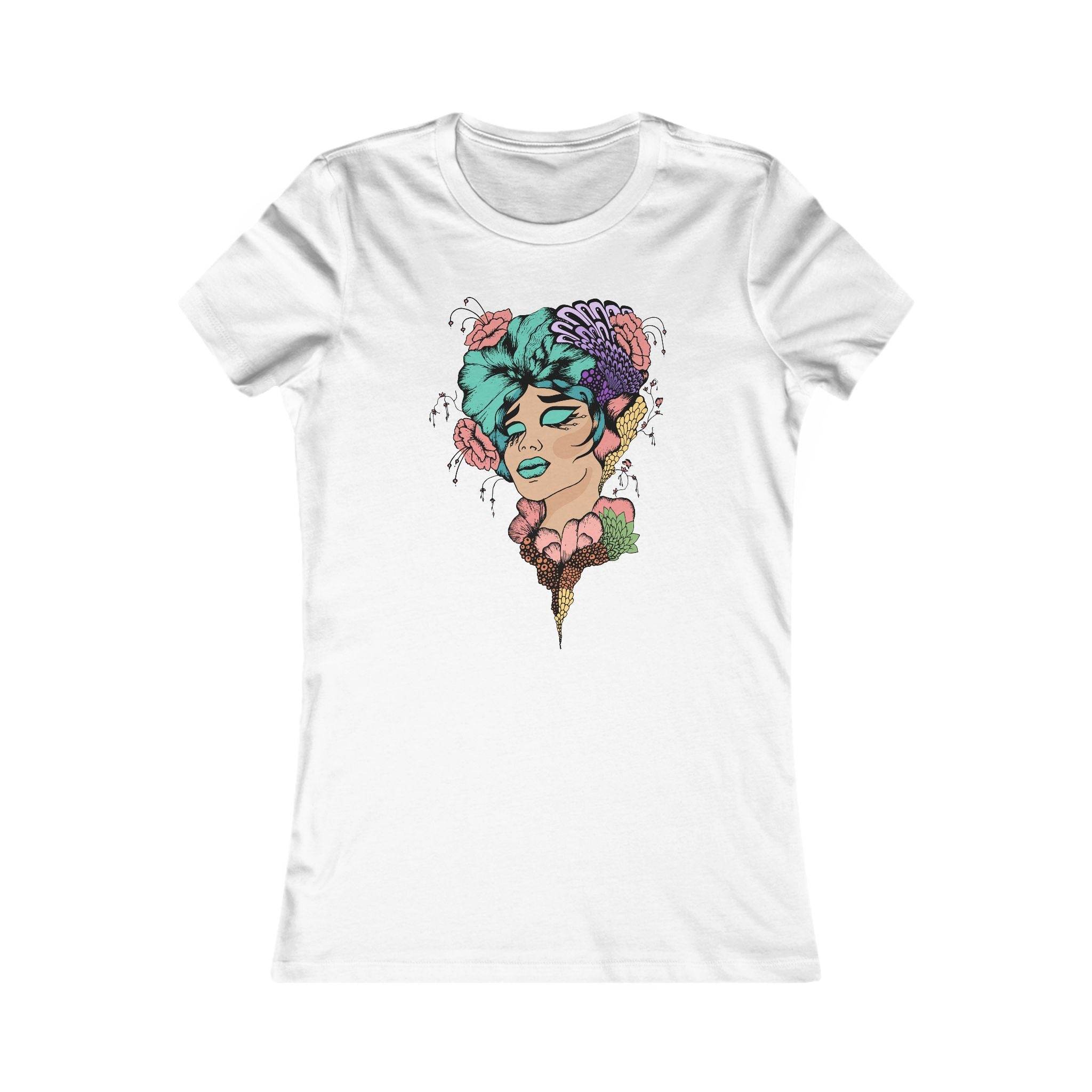 White Printify eco-friendly women's t-shirt featuring colorful artistic female face graphic