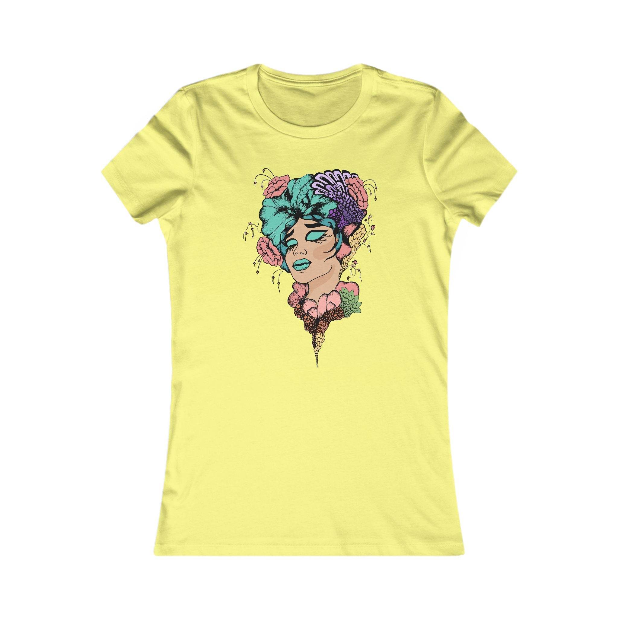 Printify eco-friendly women's t-shirt in yellow with colorful artistic woman face design on front