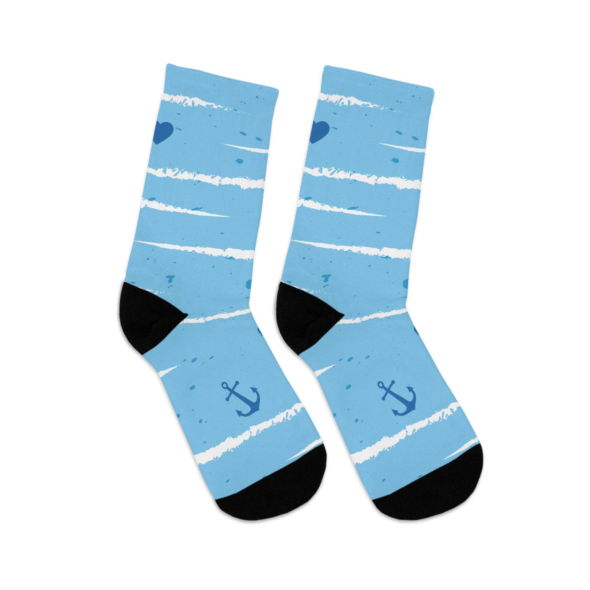 Light blue recycled poly socks with nautical anchor design and black toe and heel accents