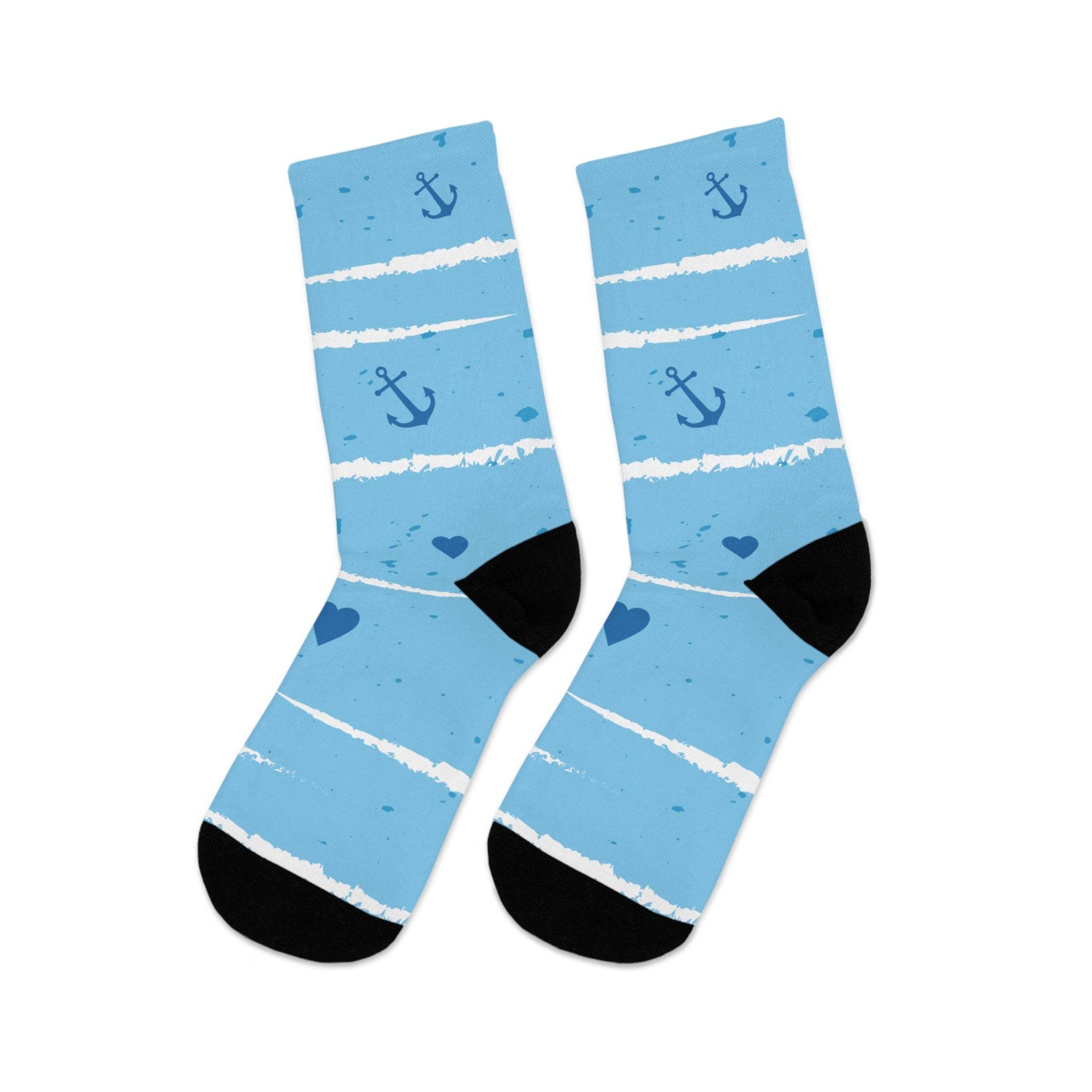 Printify blue recycled poly socks with anchor and heart pattern and black toe and heel