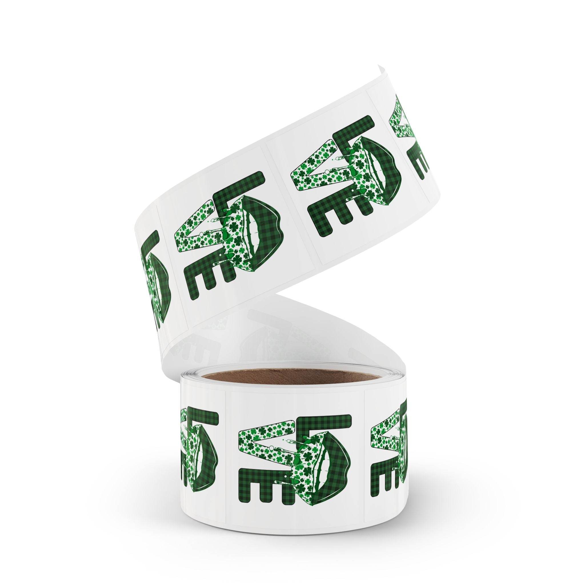 Printify sustainable square sticker rolls with green LOVE design on white background