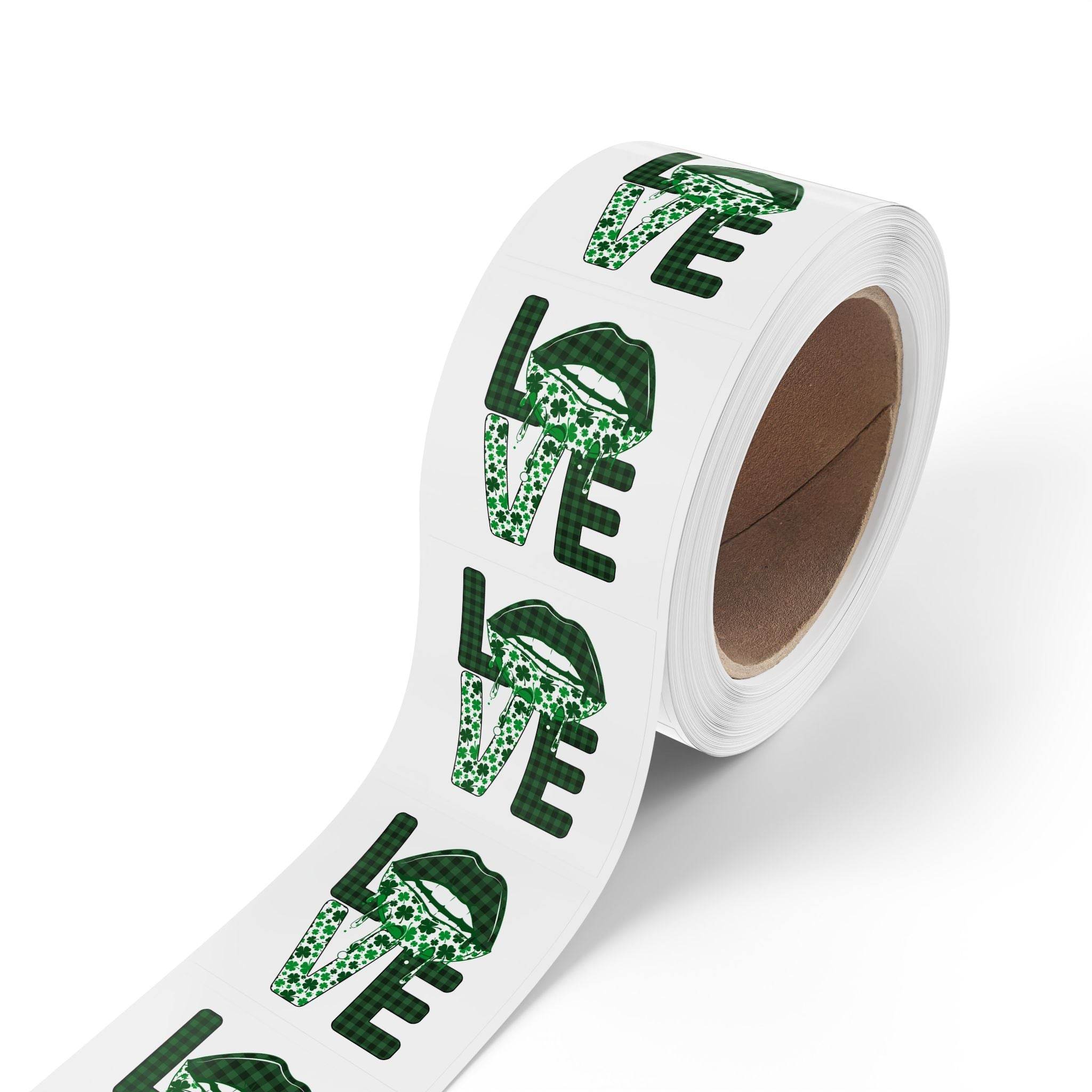 Roll of Printify sustainable square sticker rolls featuring green love design with lips
