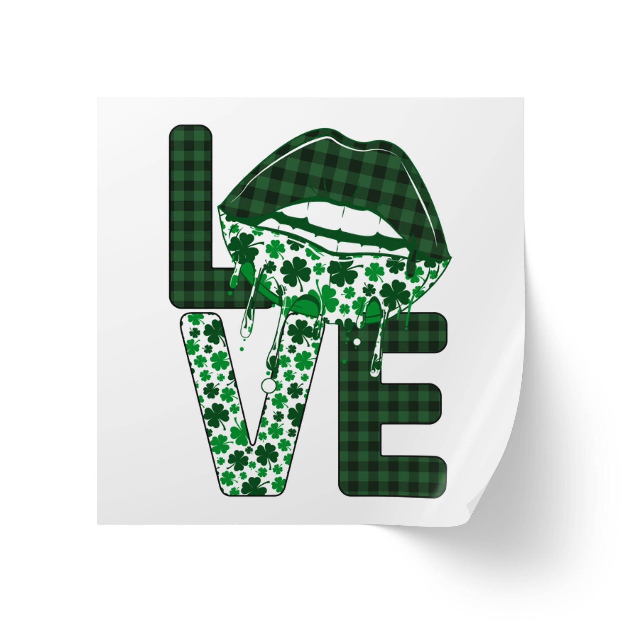 Sustainable square sticker rolls featuring green plaid and shamrock lips design with love text