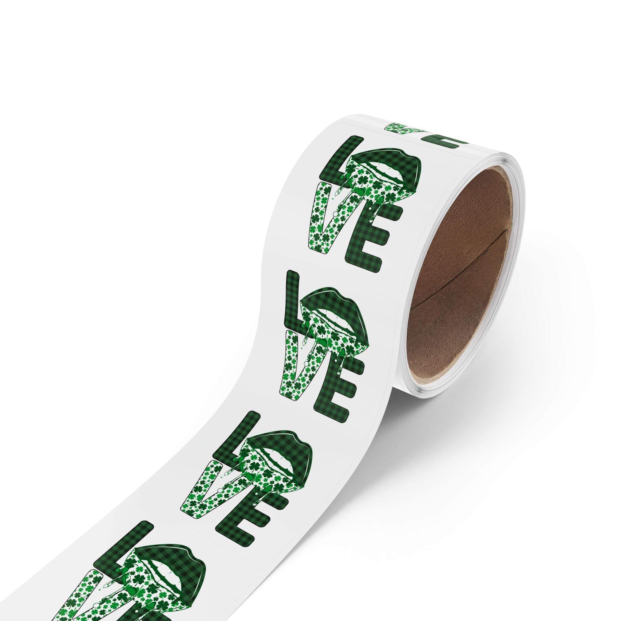 Printify sustainable square sticker rolls featuring green patterned LOVE design on white roll