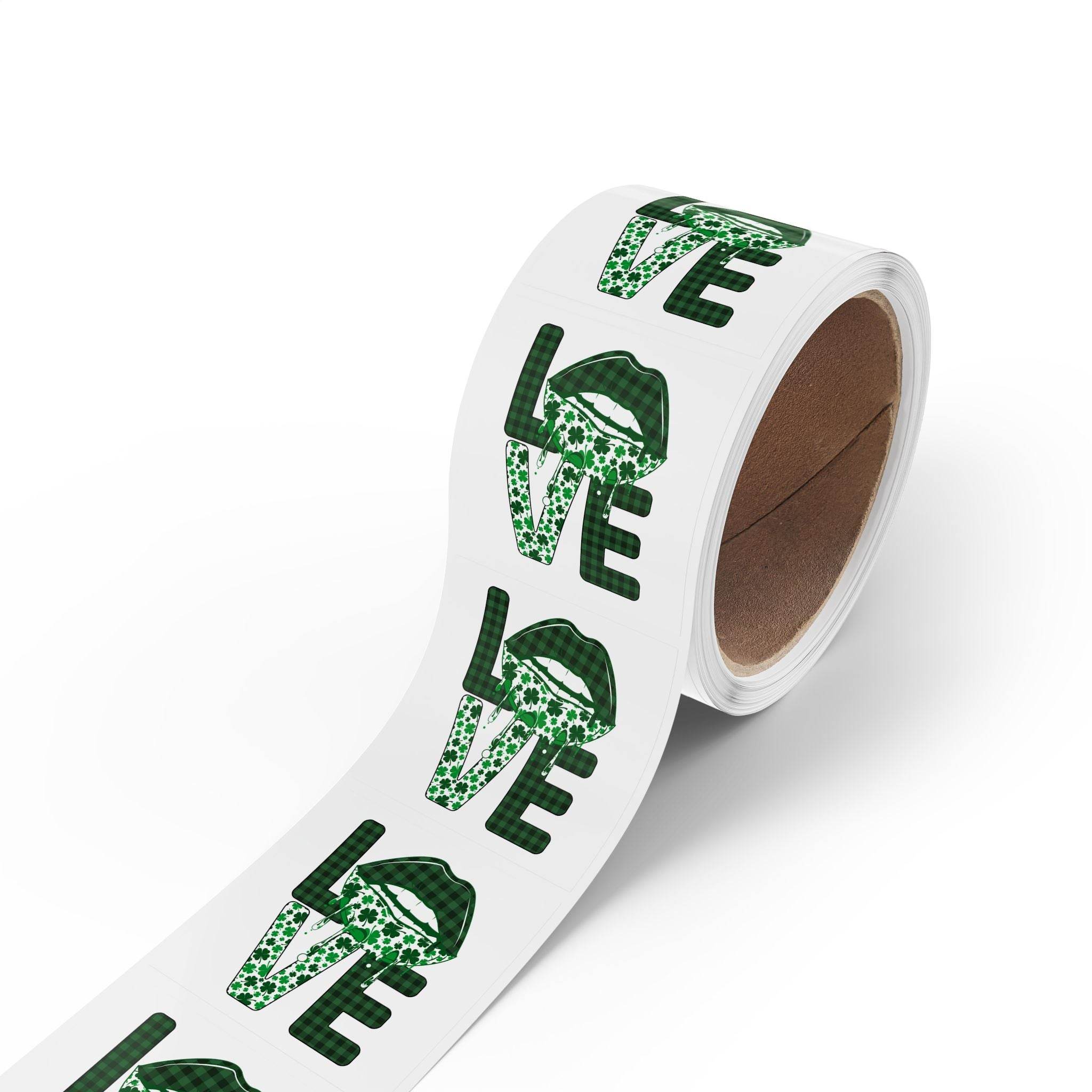Roll of Printify sustainable square sticker rolls featuring green patterned love design