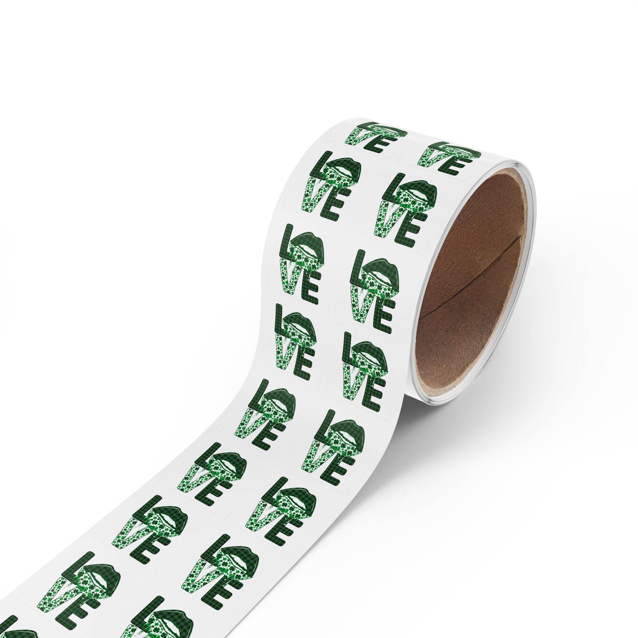 Roll of sustainable square sticker rolls with green love design by Printify on white background