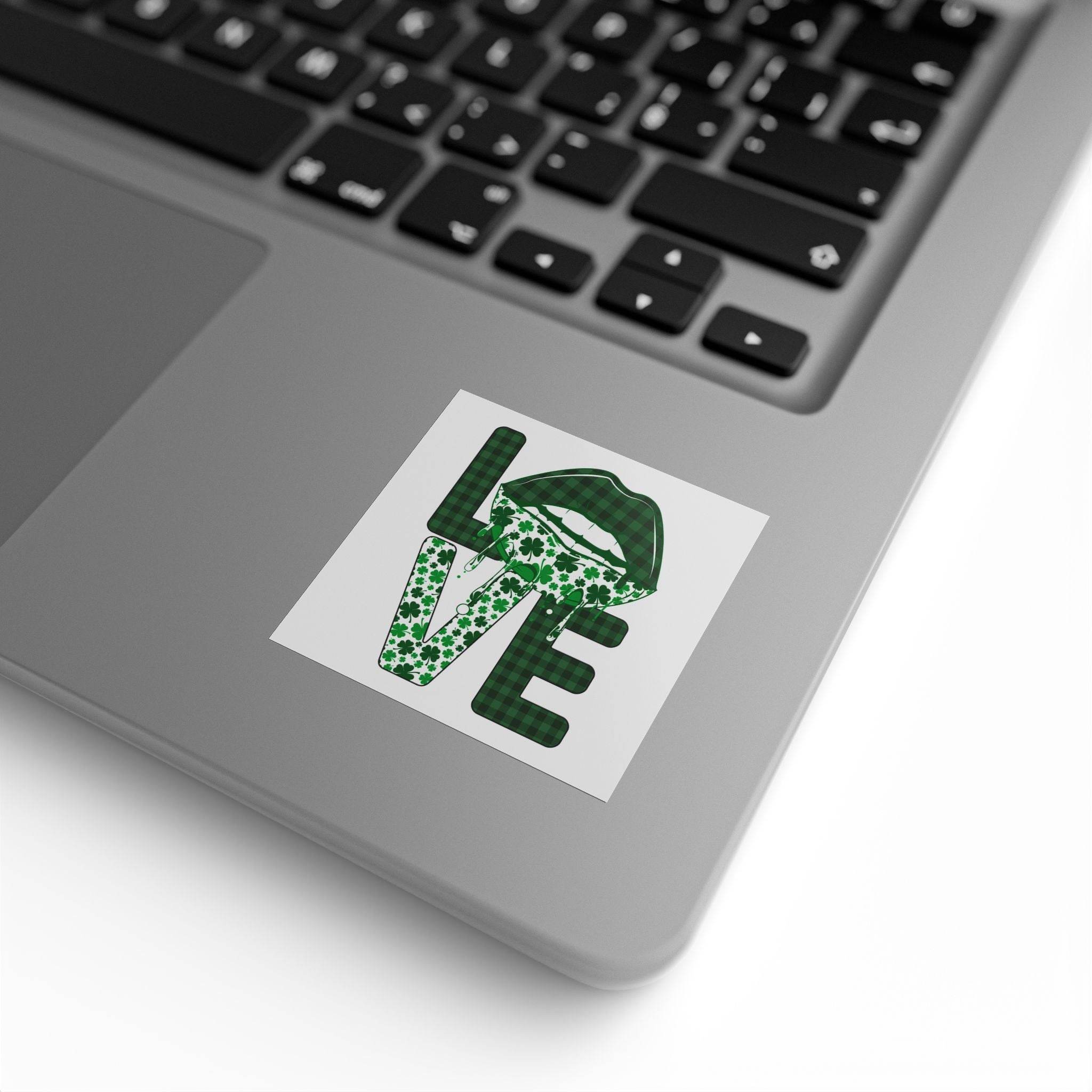 Sustainable square sticker rolls featuring green patterned love design on laptop surface by Printify