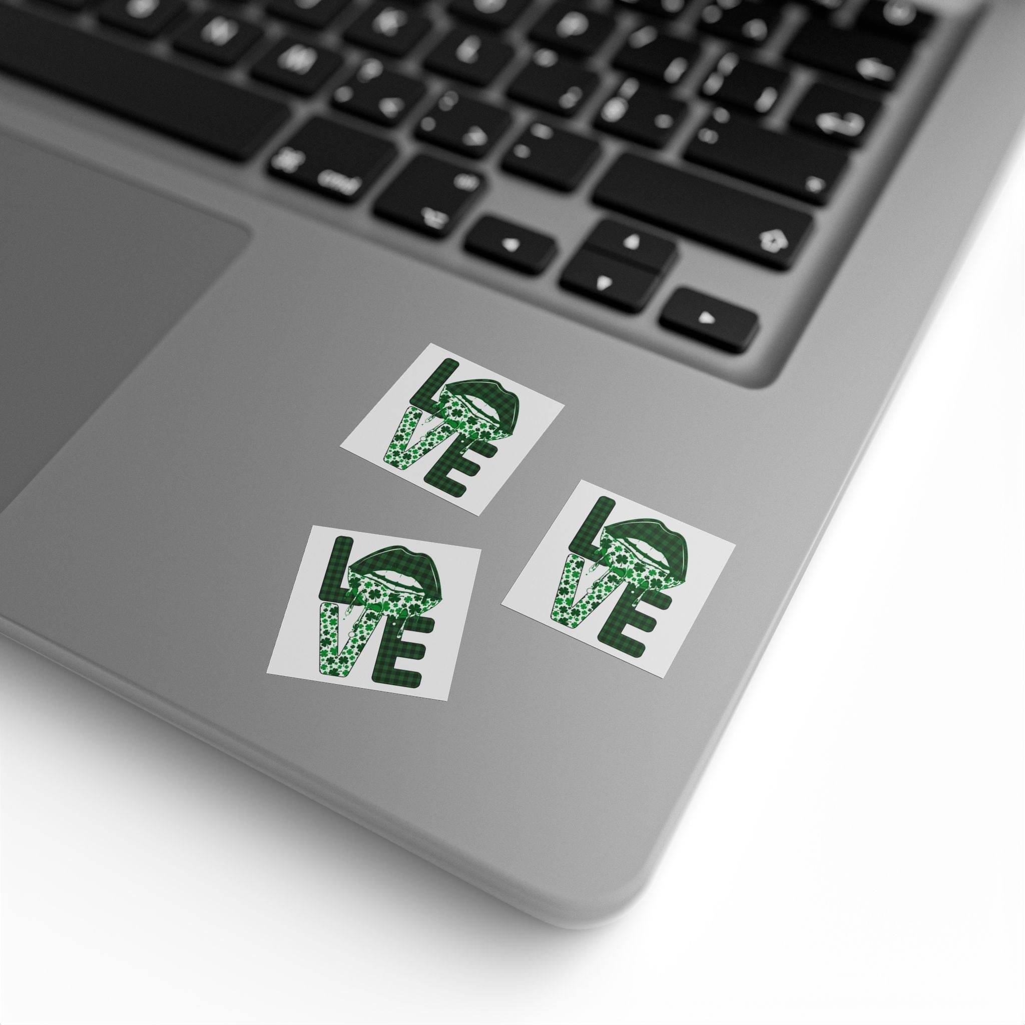 Printify sustainable square sticker rolls featuring green love design on laptop surface