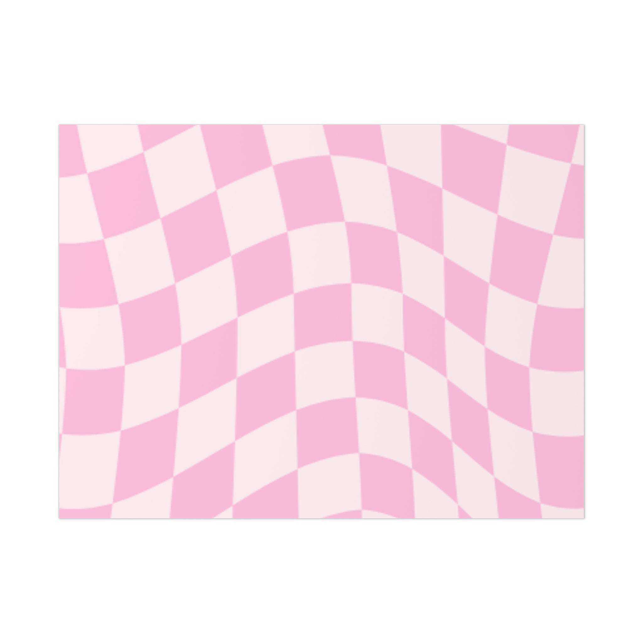 Printify sustainable uncoated posters featuring a pink and white wavy checkerboard pattern