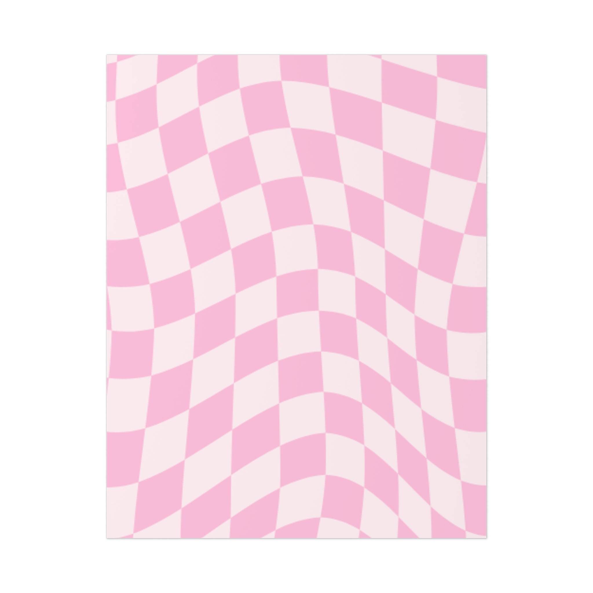 Pink and white checkered optical illusion design on sustainable uncoated posters by Printify