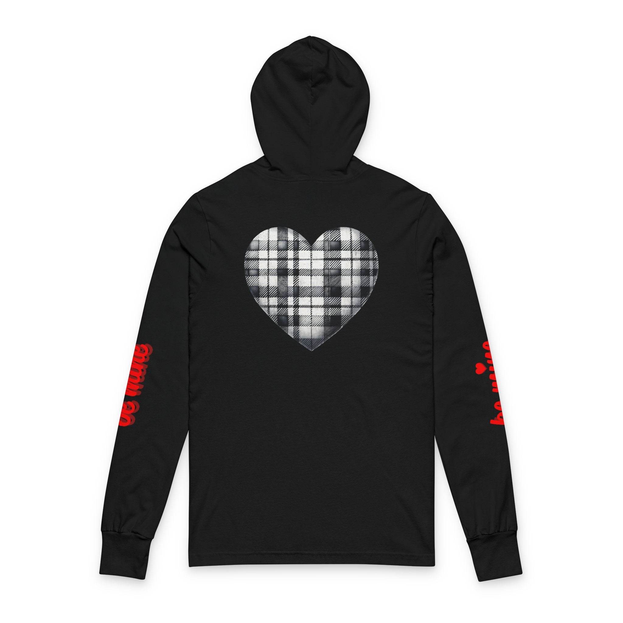 Printify black sustainable unisex hoodie with plaid heart design on back and red text on sleeves