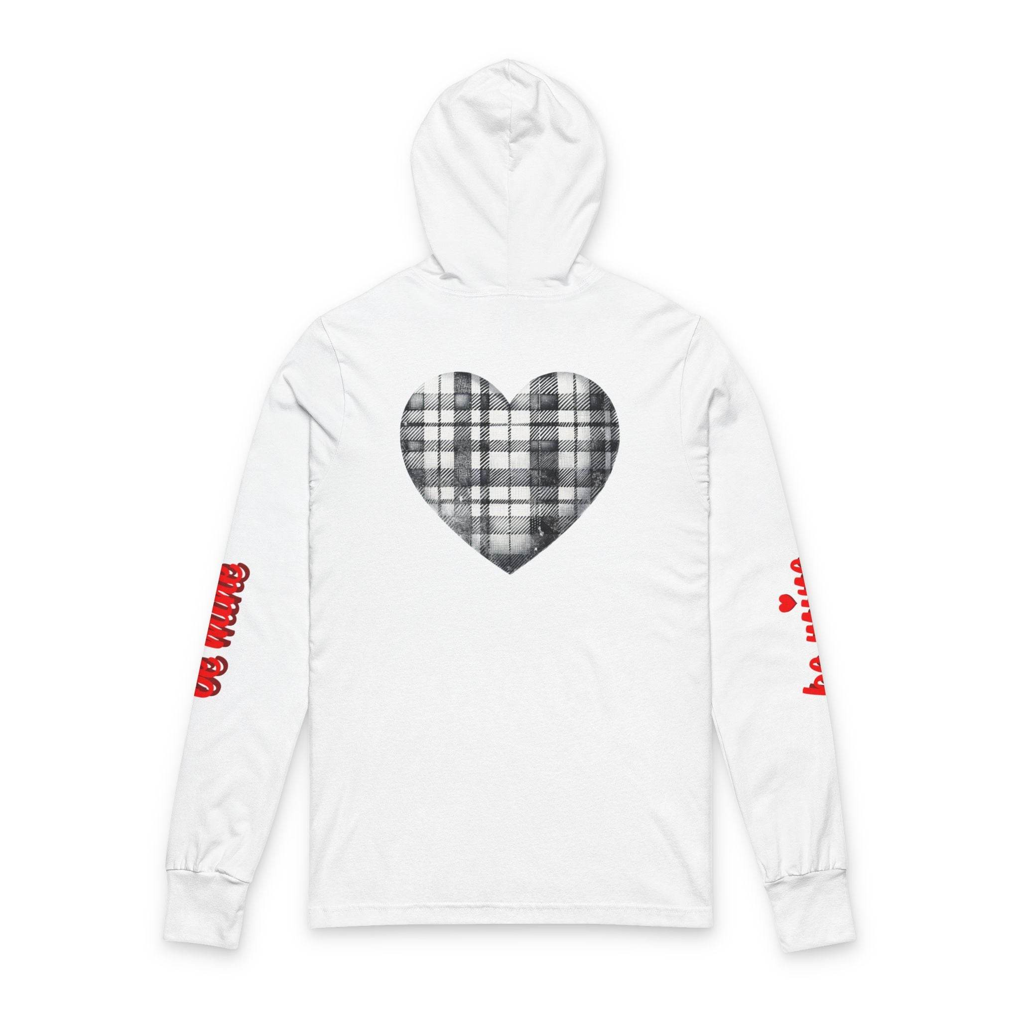 White sustainable unisex hoodie by Printify with plaid heart design on back and red text on sleeves