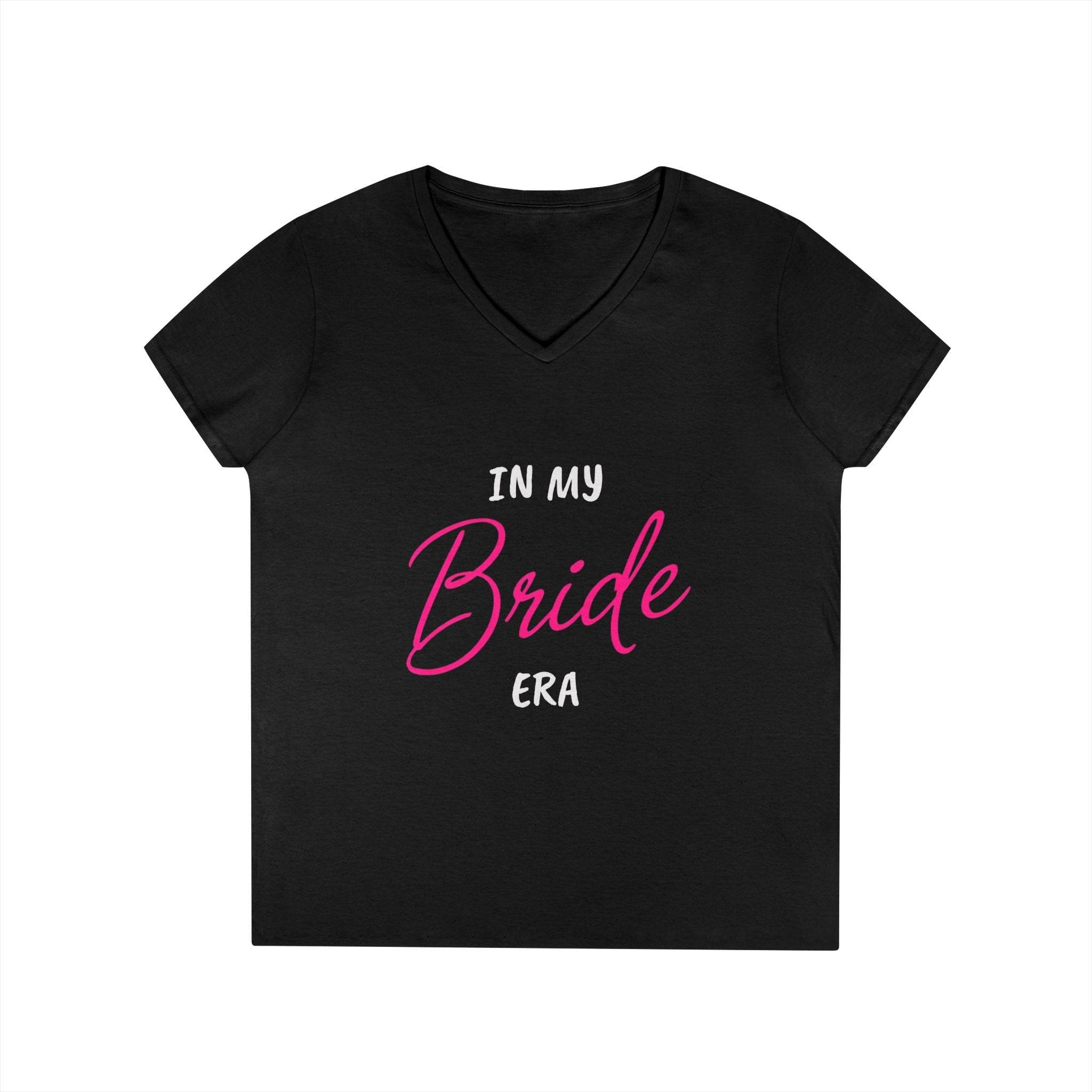 Printify black v neck womens t shirt with pink and white In My Bride Era print eco-friendly bride t-shirt