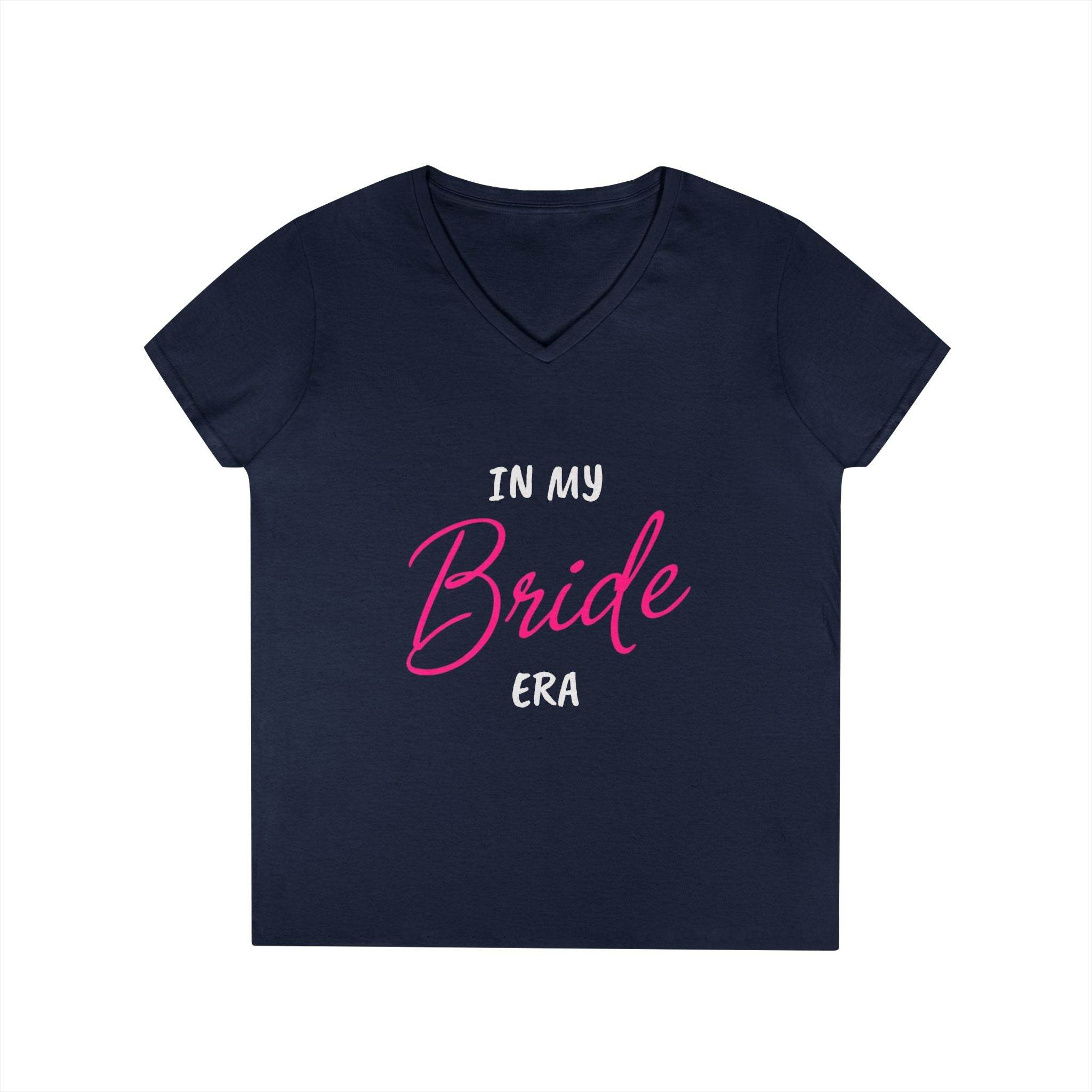 Navy V neck women tee with In my Bride Era pink script text from Printify eco-friendly bride t-shirt