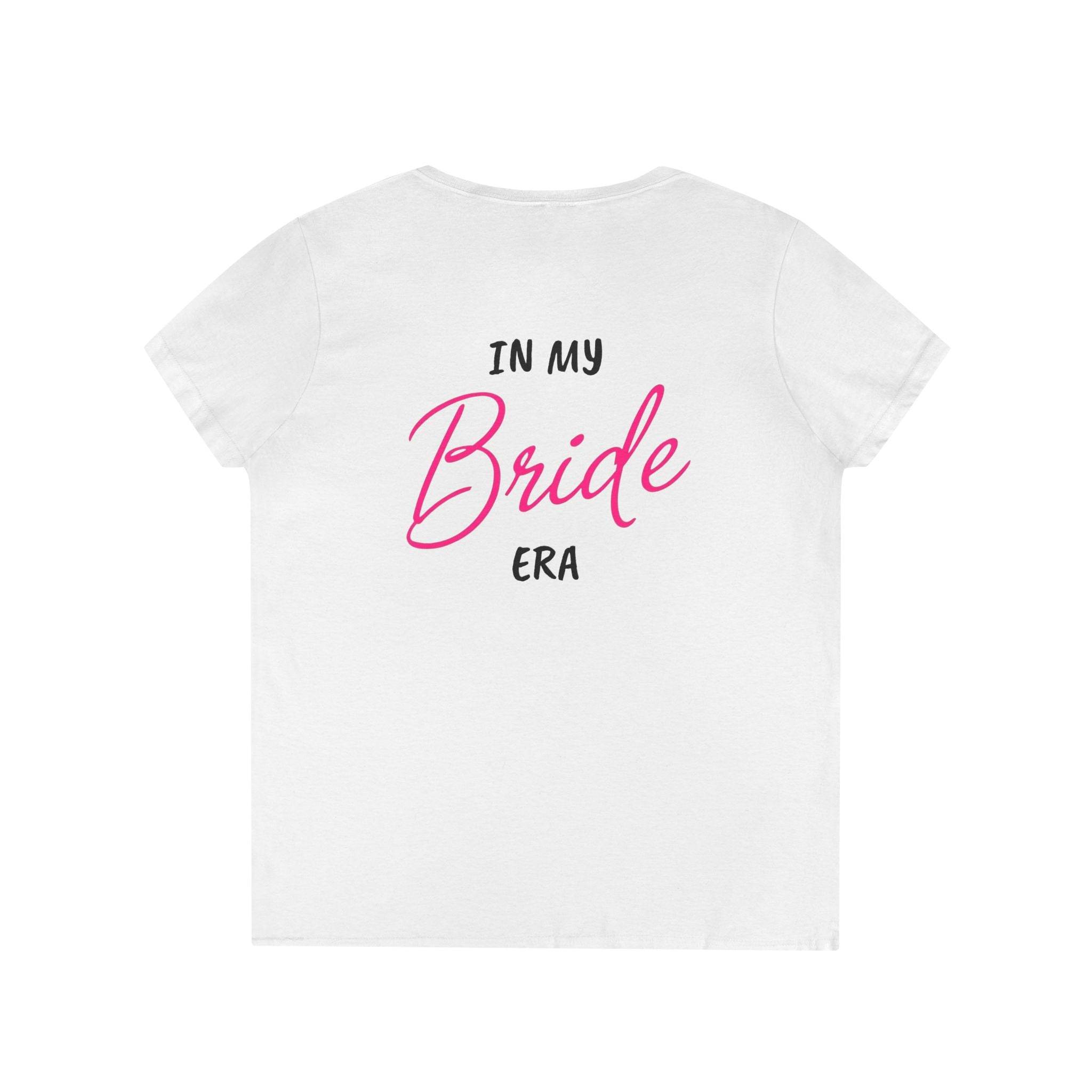 Printify white womens eco-friendly bride t-shirt with pink script Bride and In My Era text on back