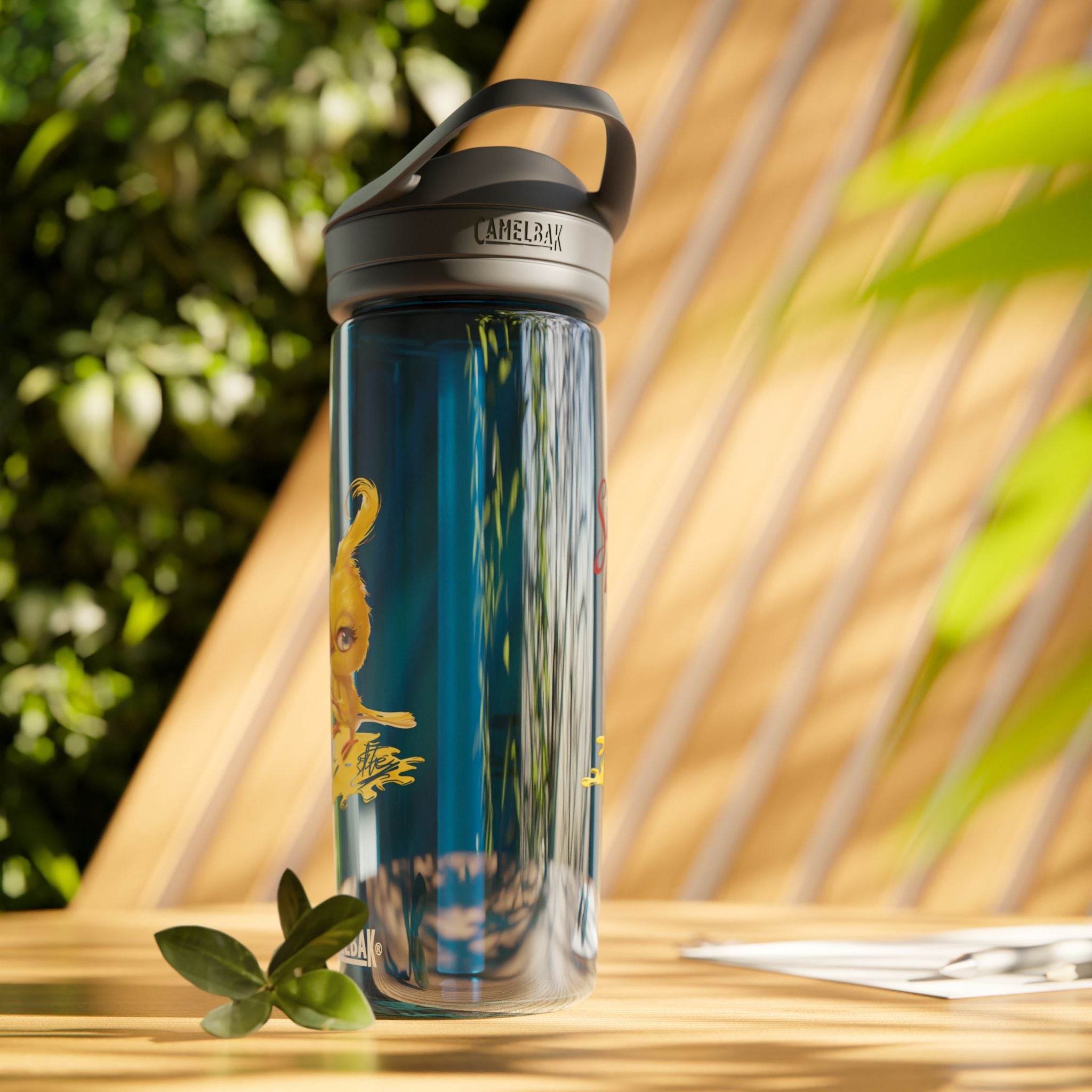 Printify eco-friendly water bottle with black lid and artistic design on wooden table outdoors
