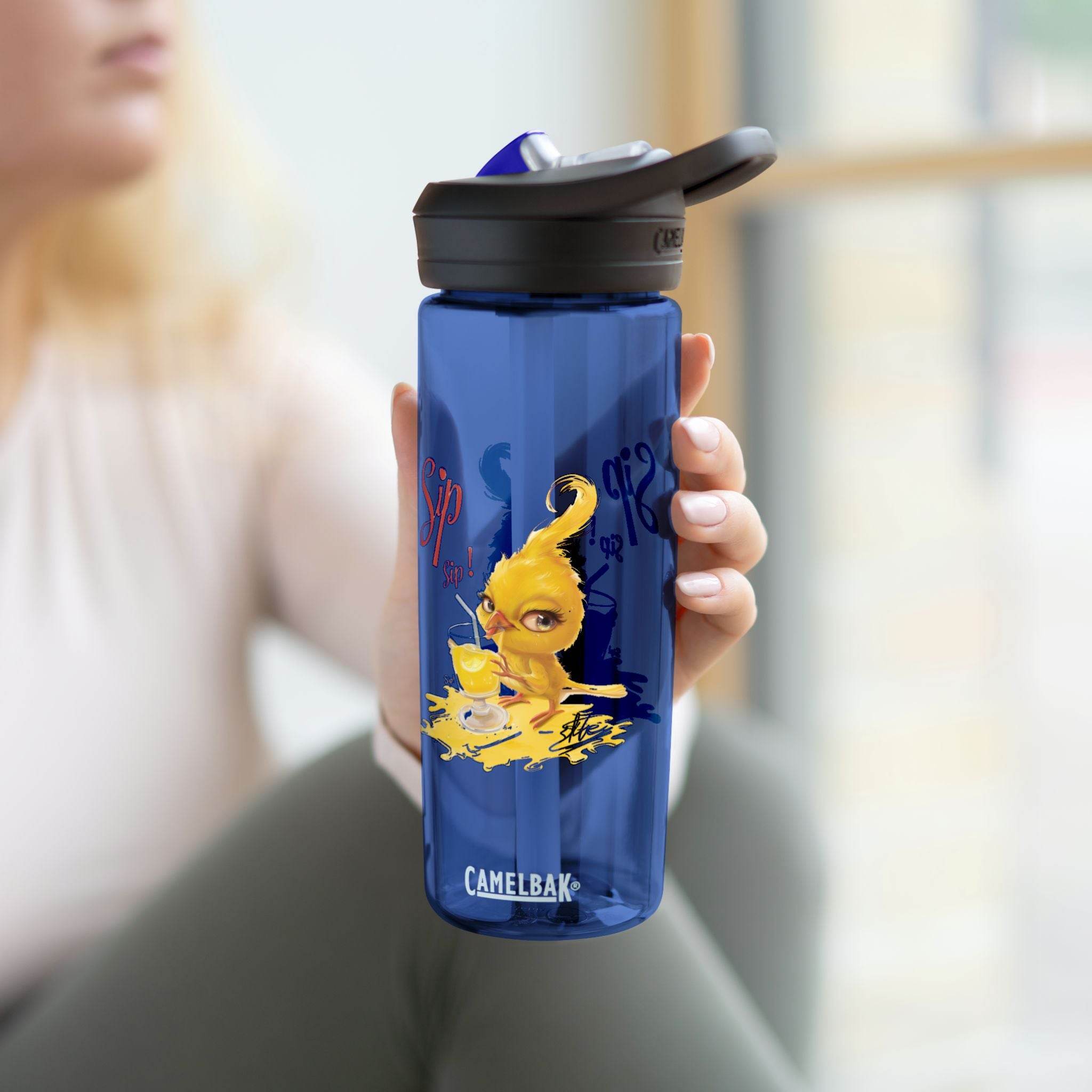 Printify eco-friendly water bottle with blue design and yellow chick graphic held by person