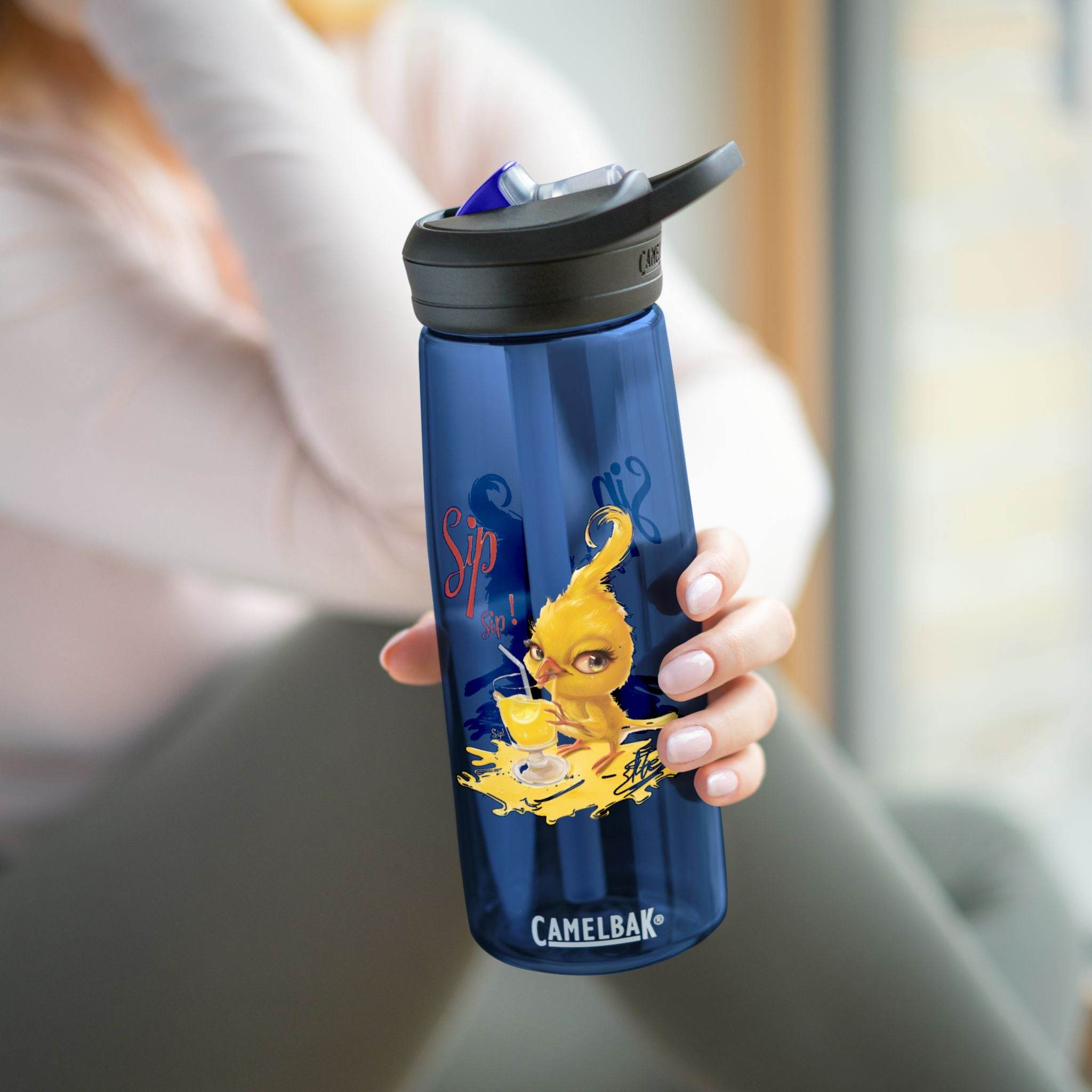 Printify eco-friendly water bottle with a blue design and playful yellow character illustration