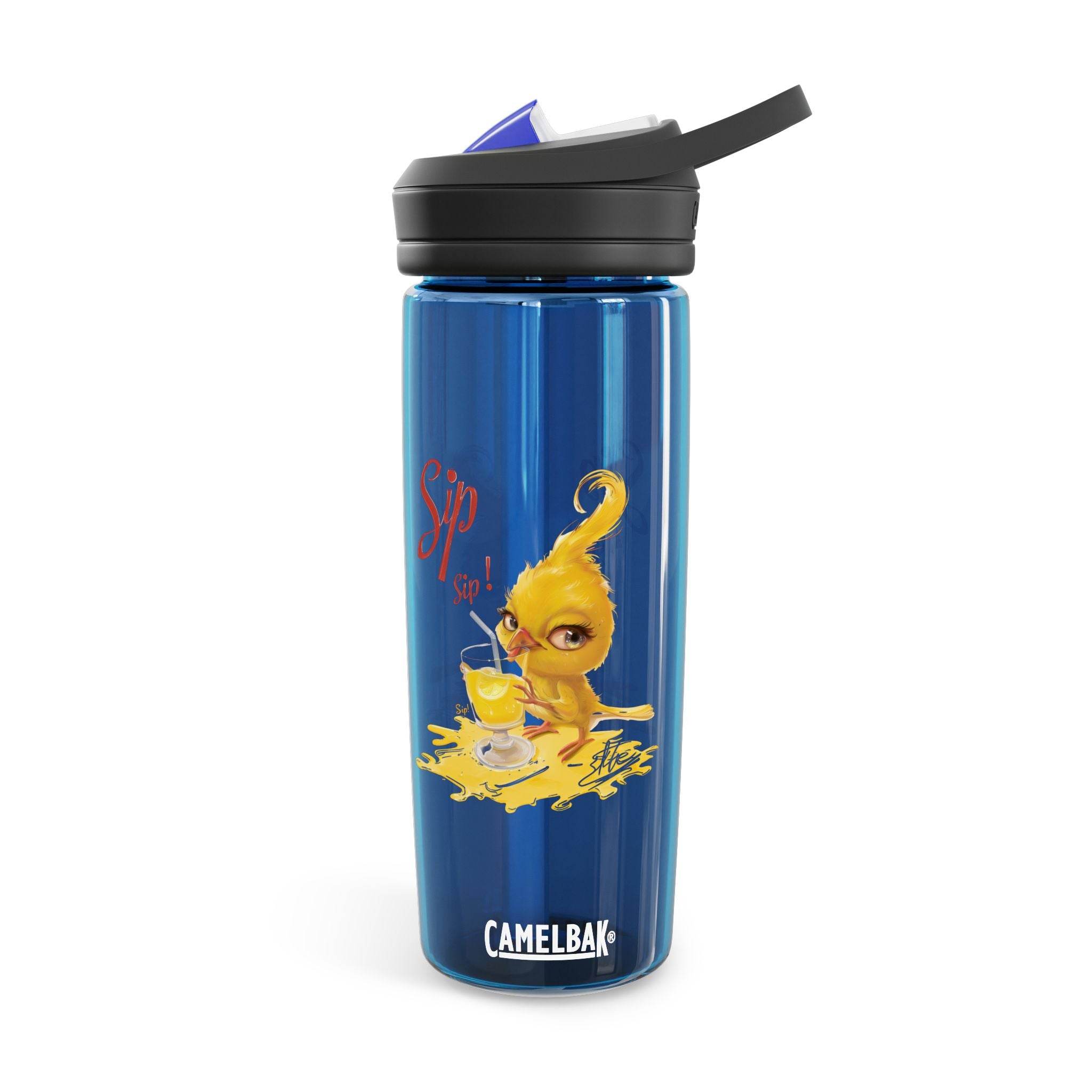 Blue Camelbak eco-friendly water bottle with black lid and cute yellow bird sipping lemonade design